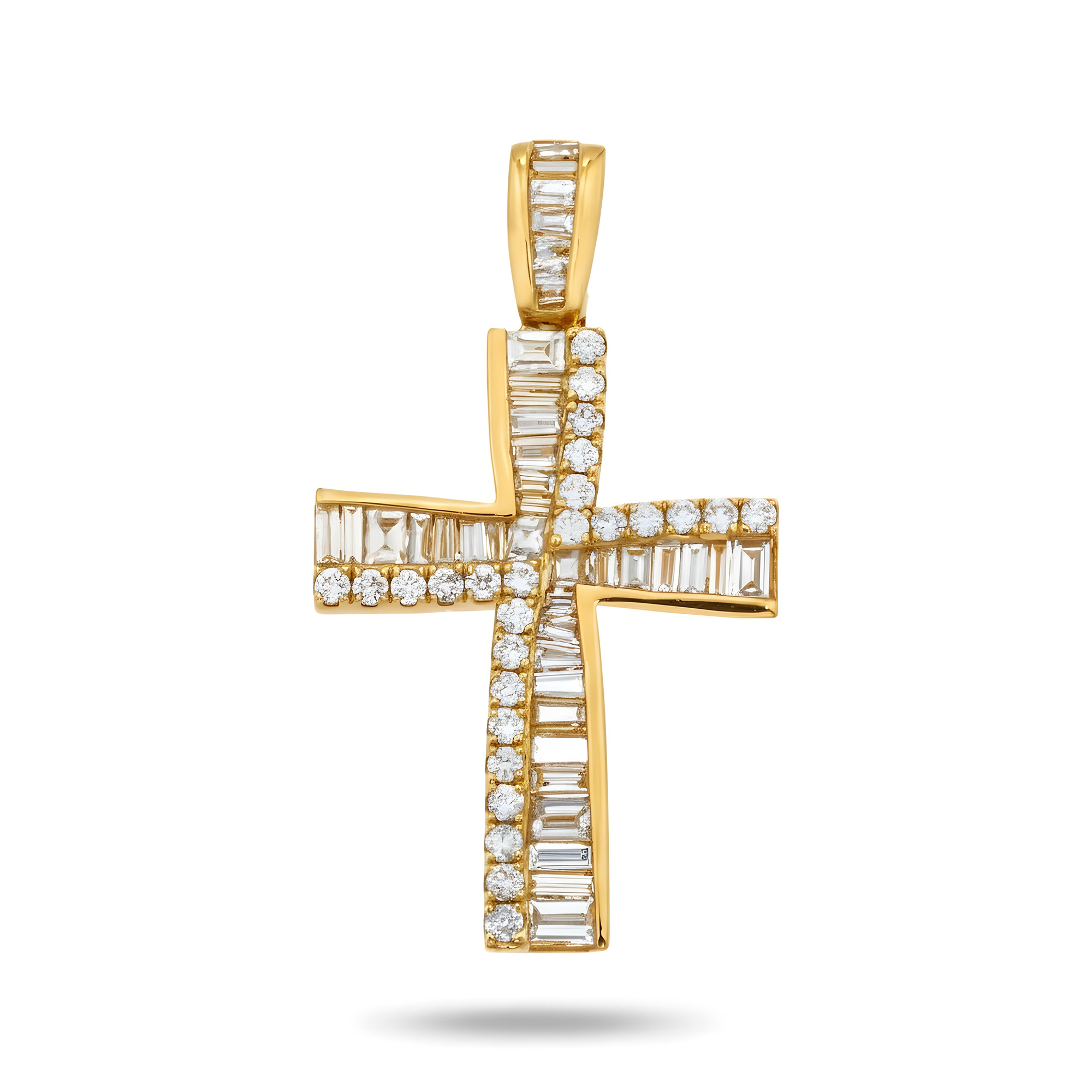 14K Rose Gold Baguette & Round Diamond Cross Pendant 1.14ct