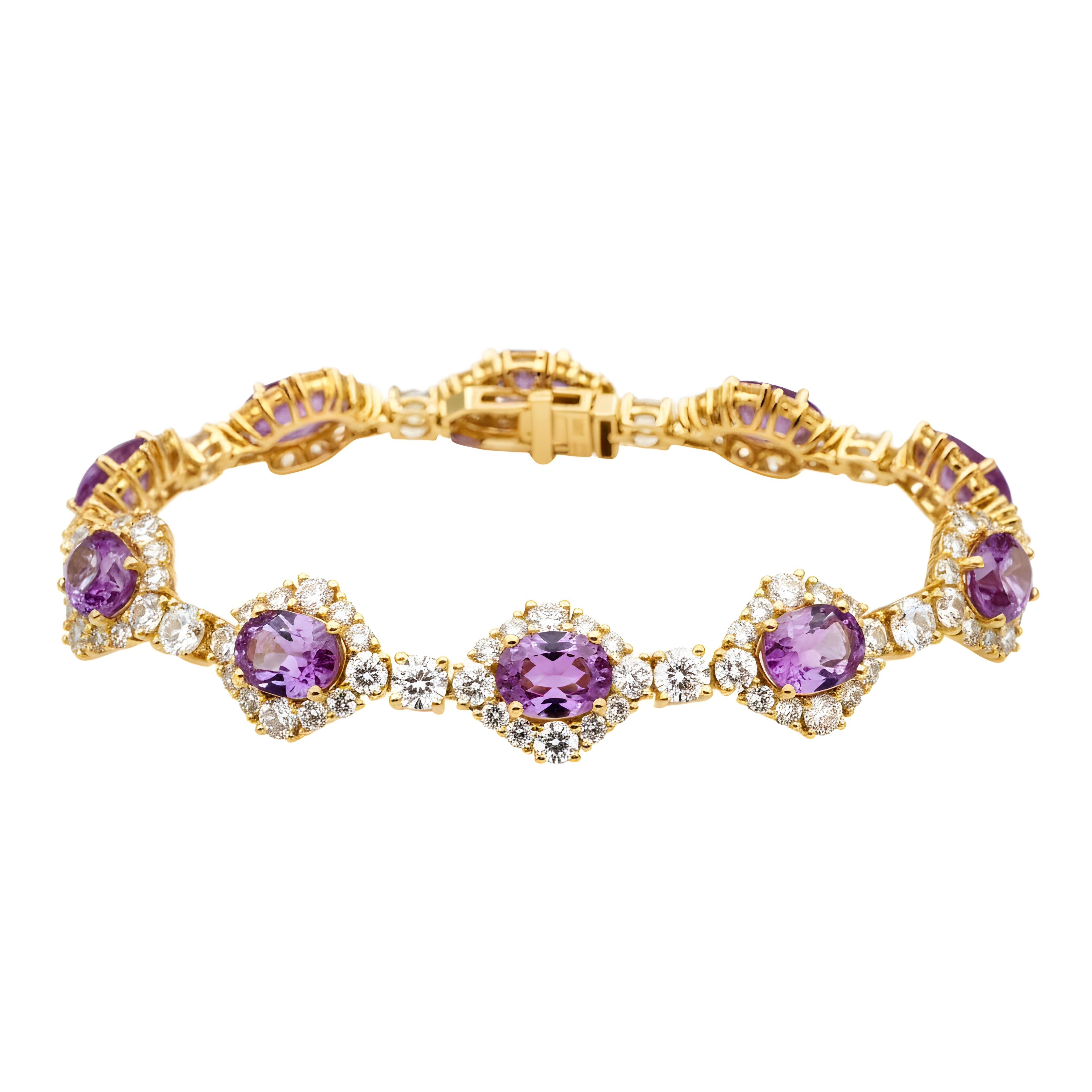 White Gold Oval Cut Amethyst & Round Diamond Bracelet 27.42ct