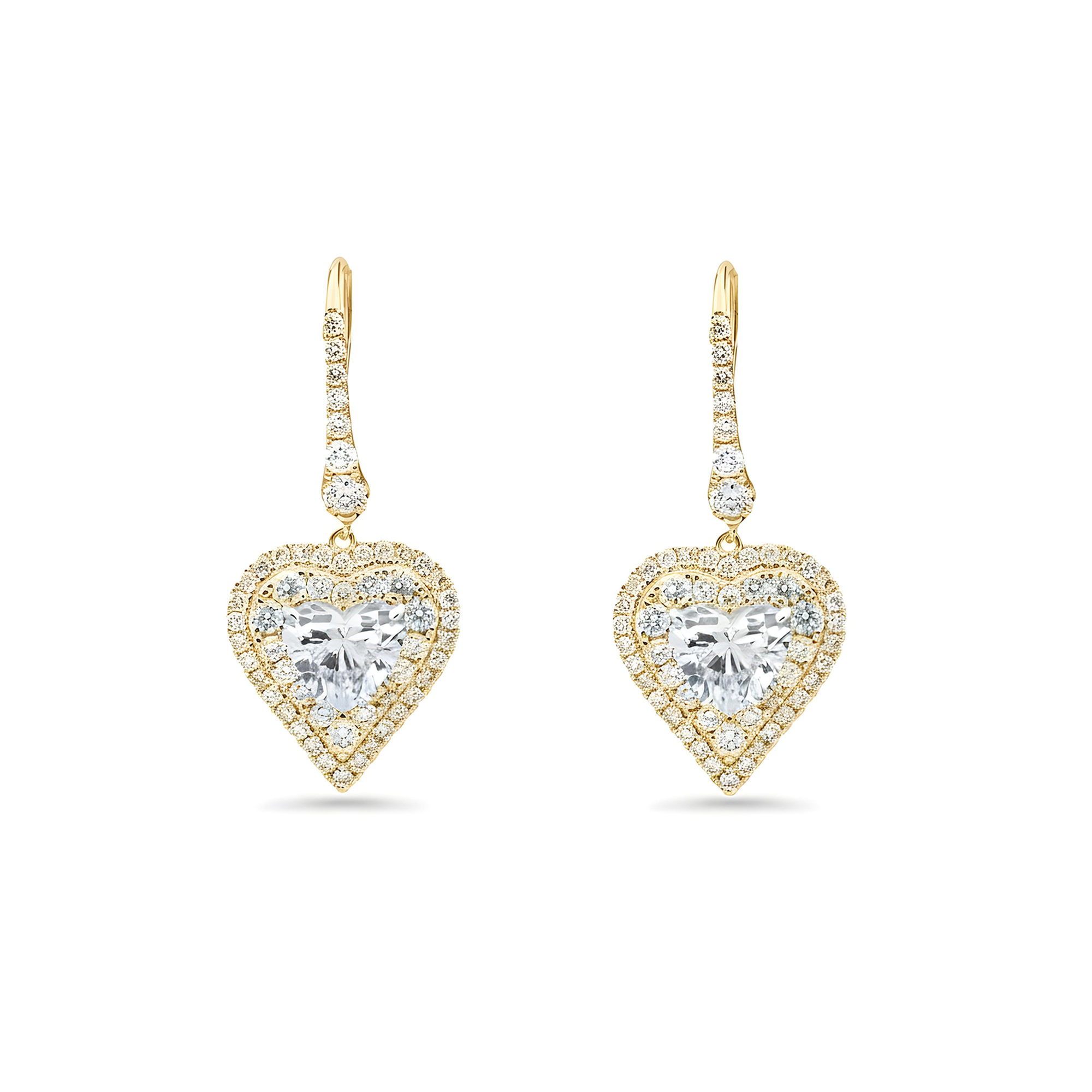 IGI 18K White Gold Round & Heart Cut Diamond Drop Earrings W/ Halo 5.06ctw