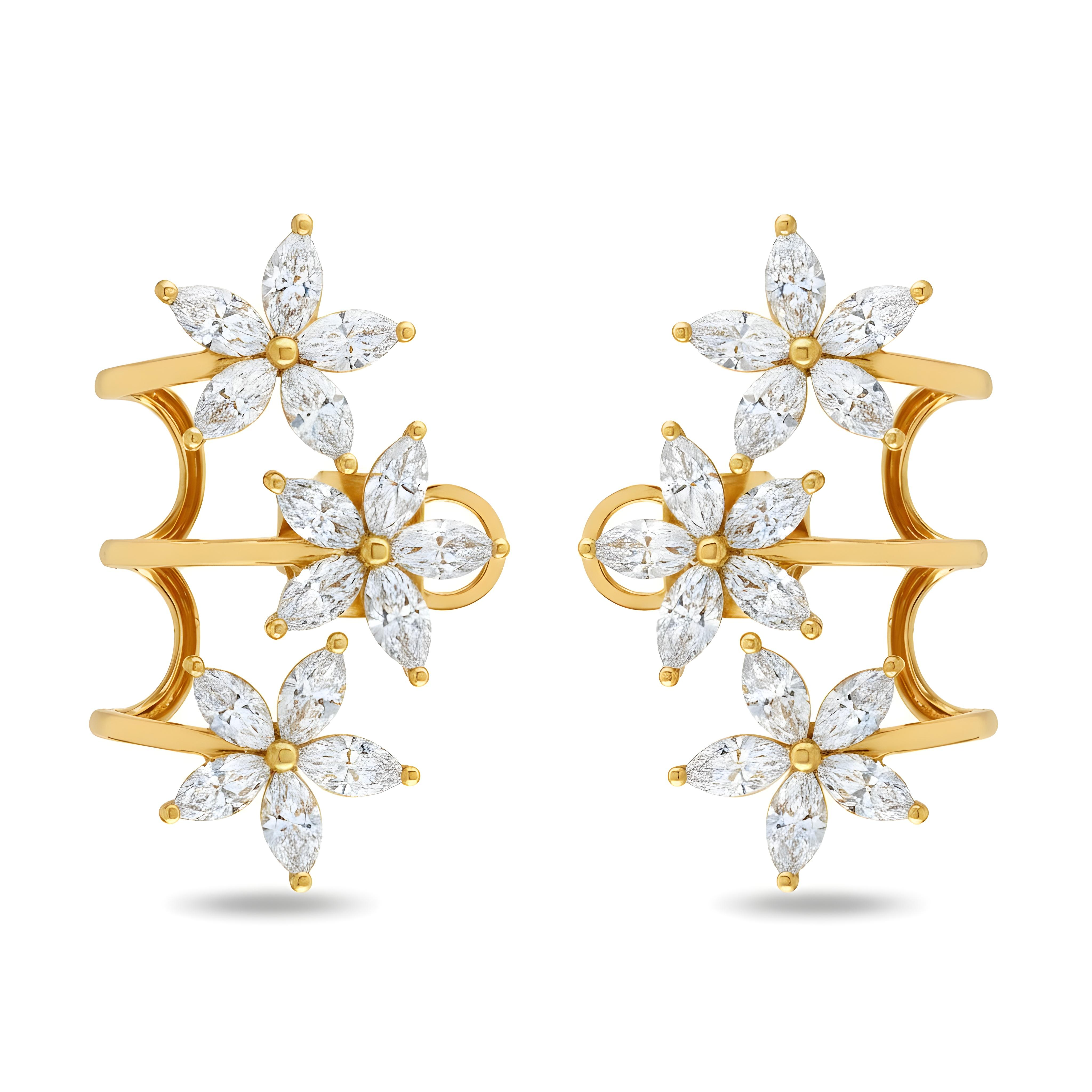 White Gold Marquise Cut Diamond Flower Climber Earrings 3.78ctw