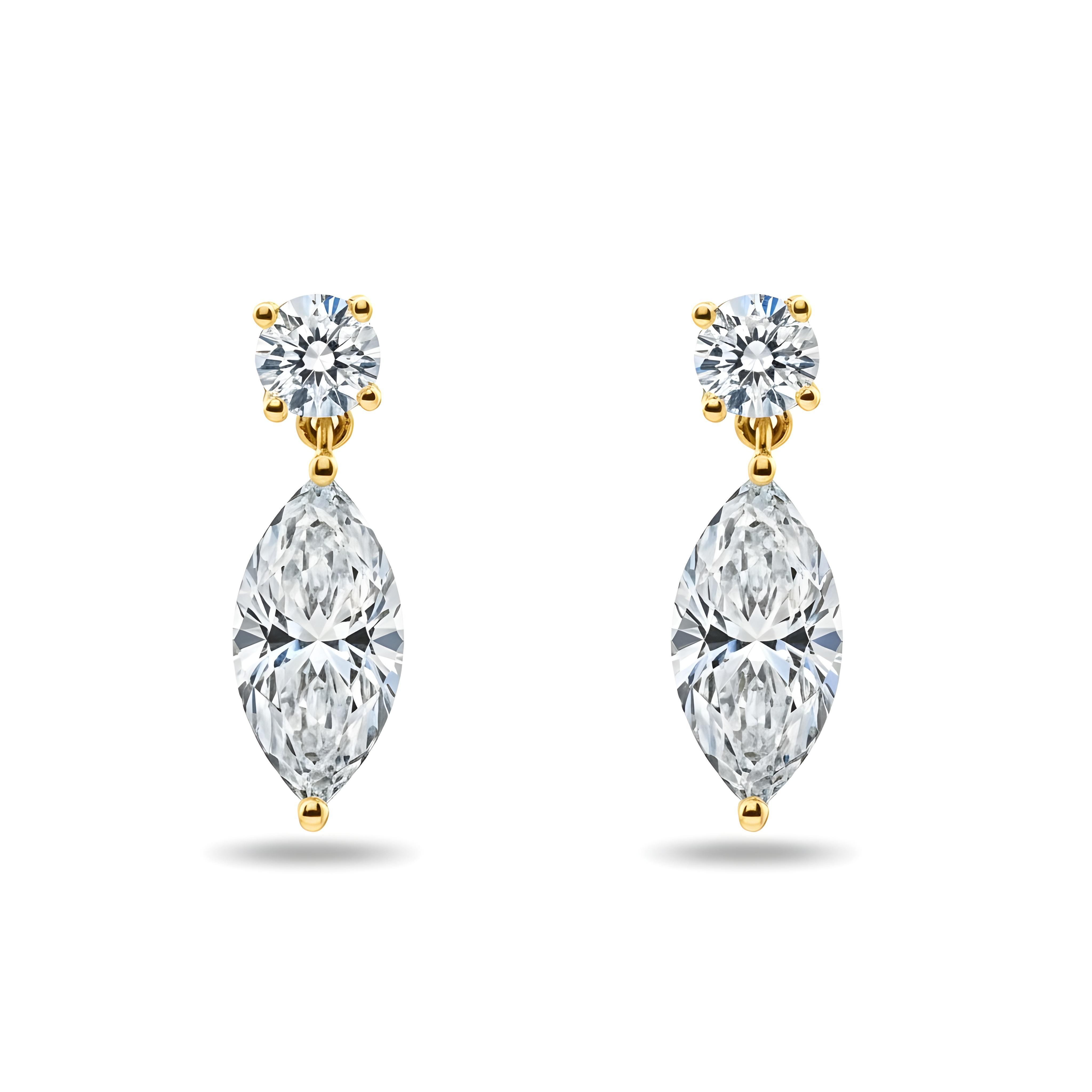 White Gold Round & Marquise Diamond Short Drop Earrings 2.07ctw