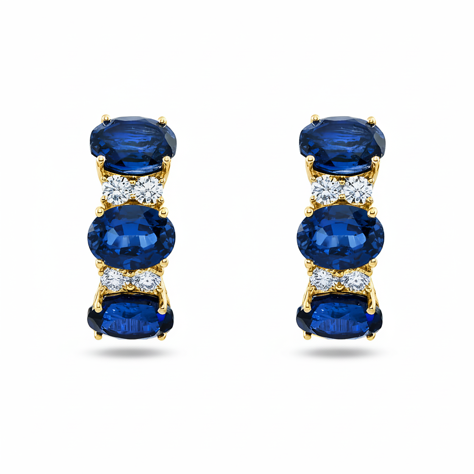 White Gold Oval Sapphire & Round Diamond Half Hoop Earrings