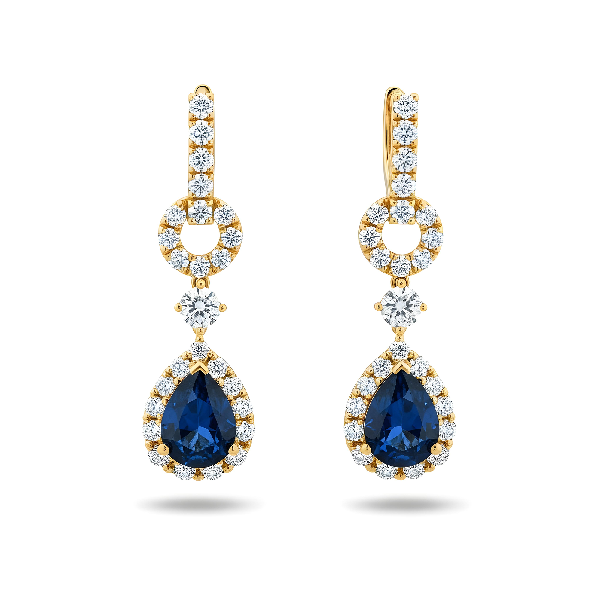 White Gold Pear Cut Sapphire & Round Diamond Drop Earrings 6.50ctw