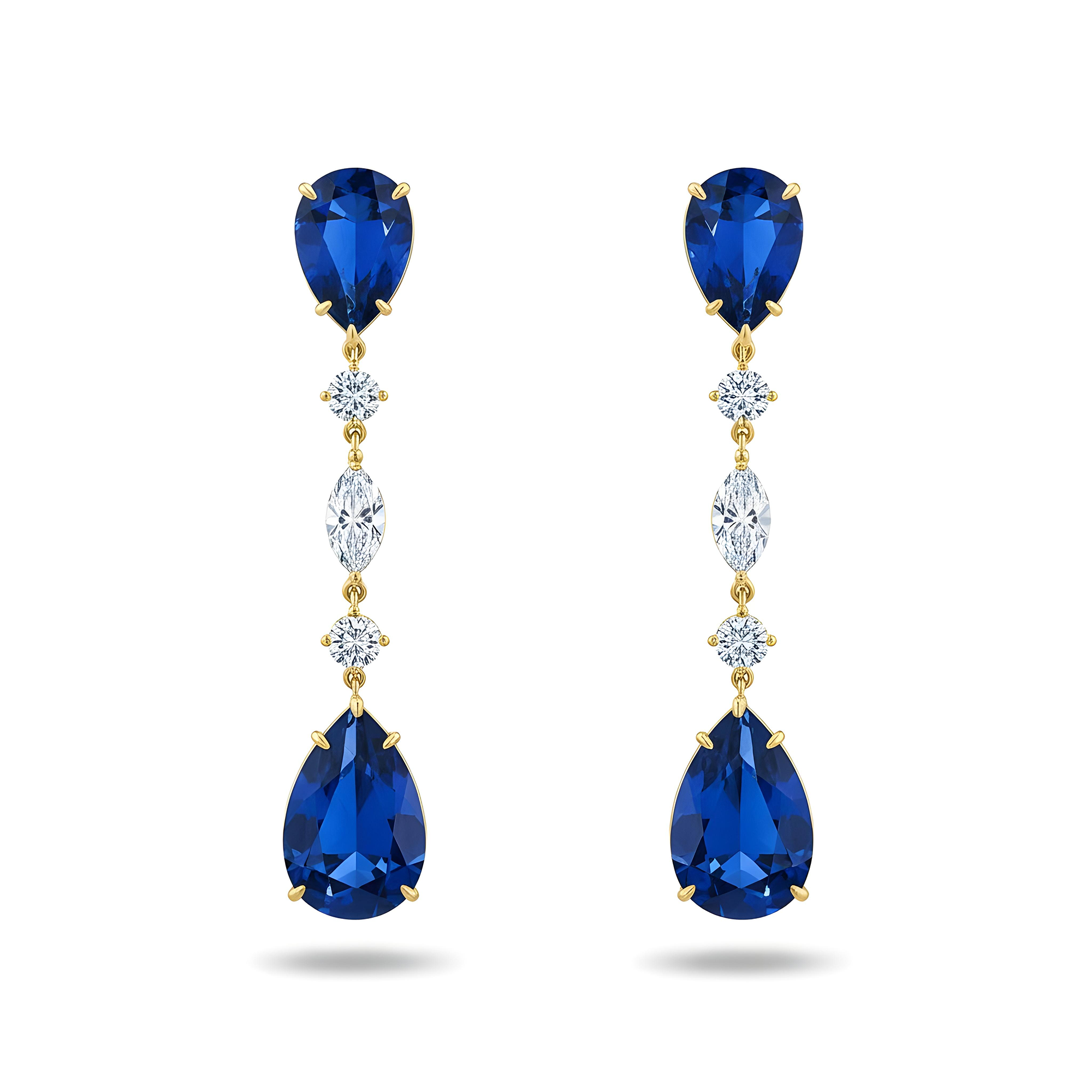White Gold Pear Cut Sapphire & Multi Cut Diamond Drop Earrings 24.98ctw
