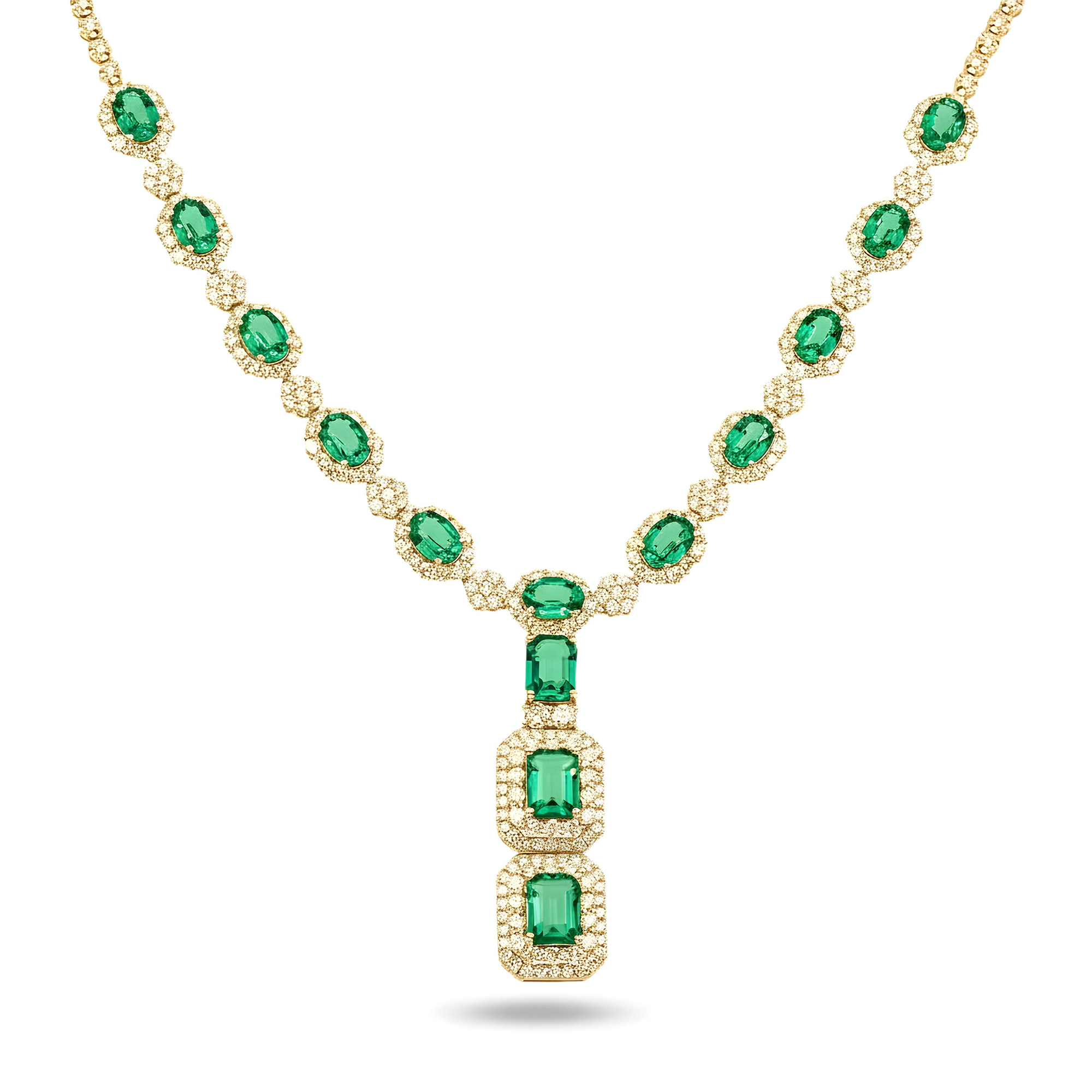 White Gold Multi Cut Emerald & Round Diamond Drop Necklace 22.88ct