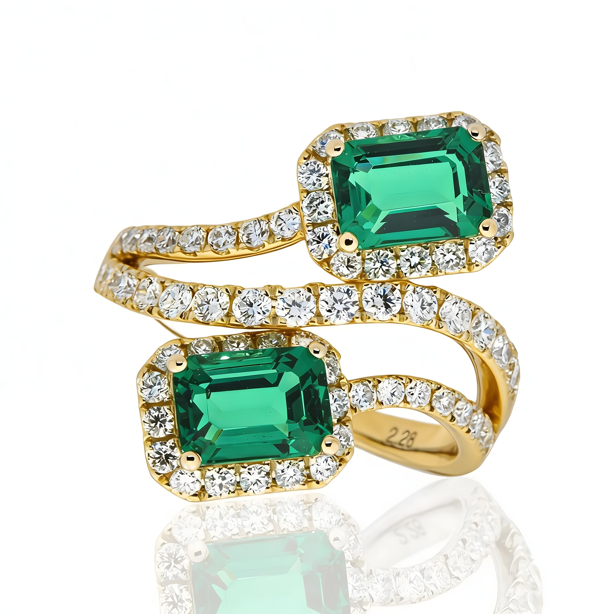White Gold Emerald Cut Emerald & Round Diamond Wrap Ring 3.31ct