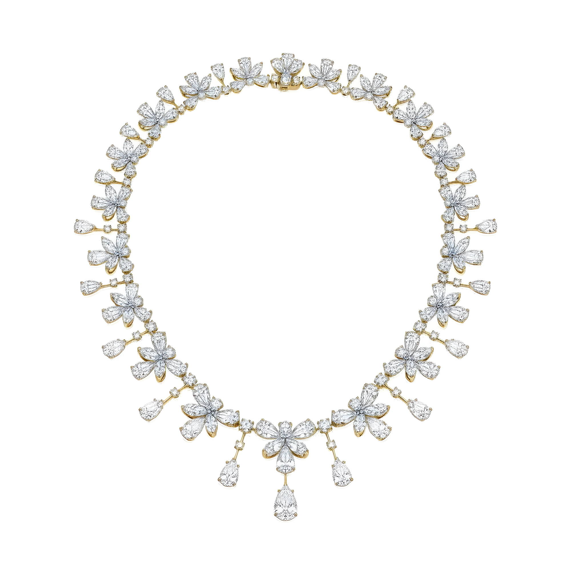 18K White Gold Round & Pear Cut Diamond Necklace 85.85ct