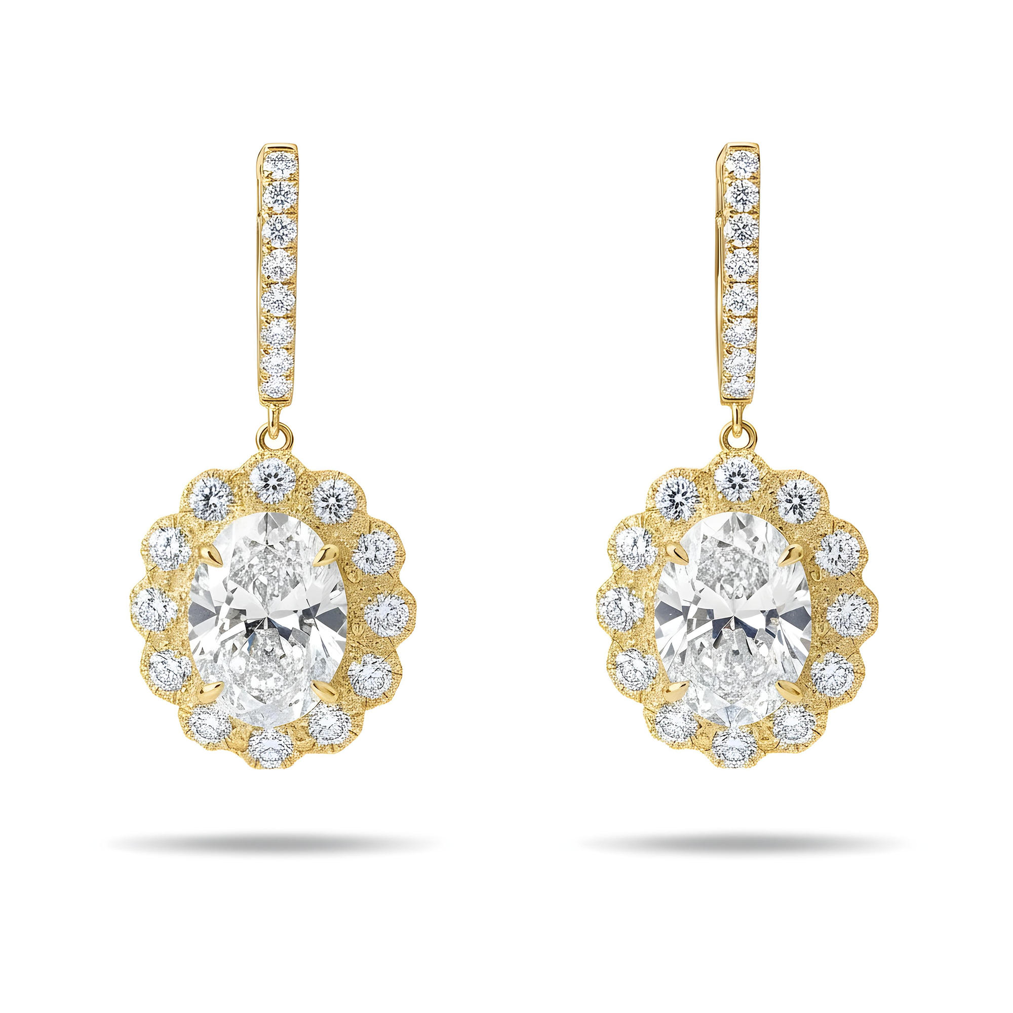 18k White Gold Oval Cut Diamond Drop Earrings W/ Round Diamond Halo 8.27ctw