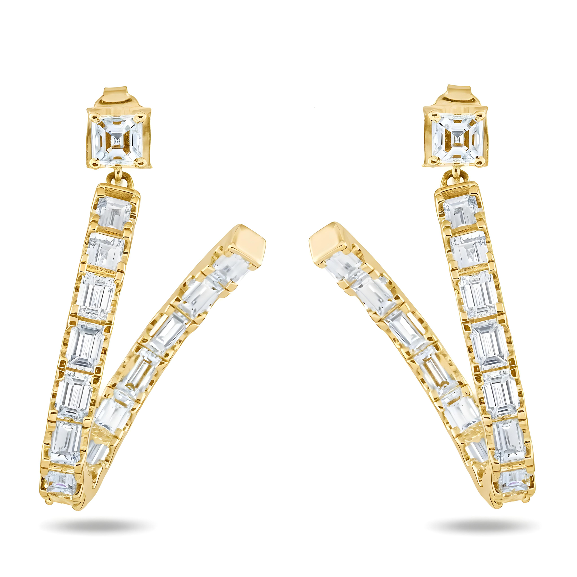 18K White Gold Emerald Cut Diamond Curved Inside Out Hoop Earrings 5.73ctw