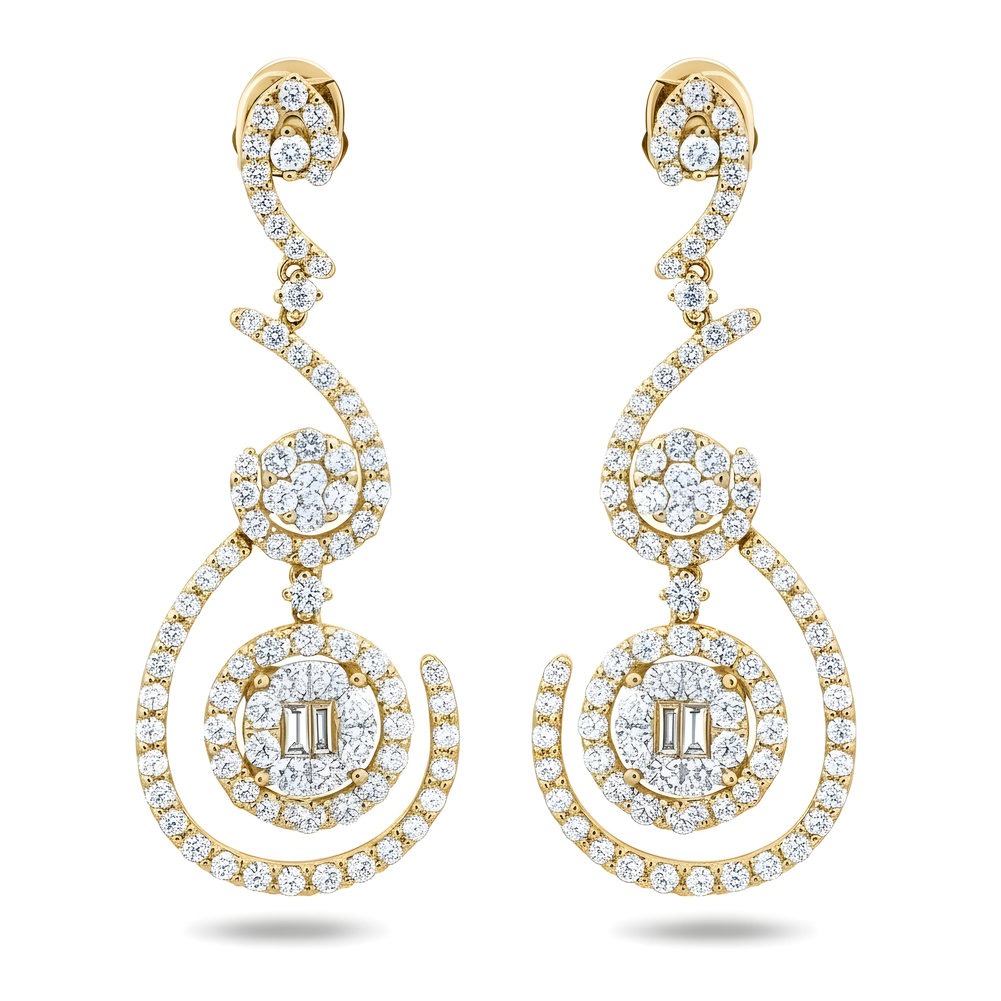 18K White Gold Artistic Round & Baguette Diamond Drop Earrings 5.13ctw