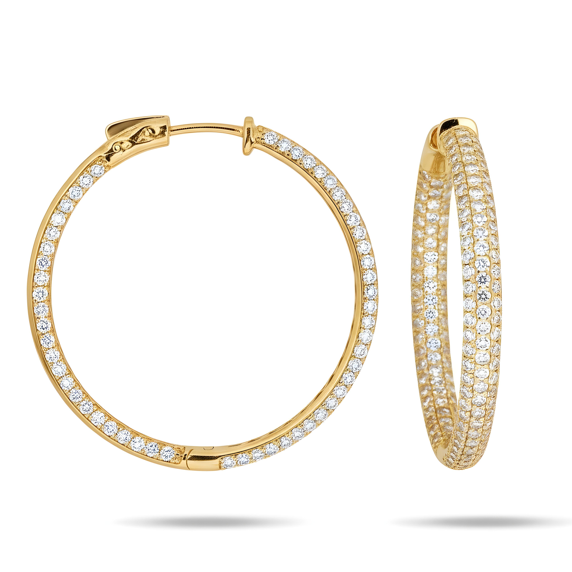 14K White Gold Triple Row Round Diamond Inside Out Hoop Earrings 4.0ctw