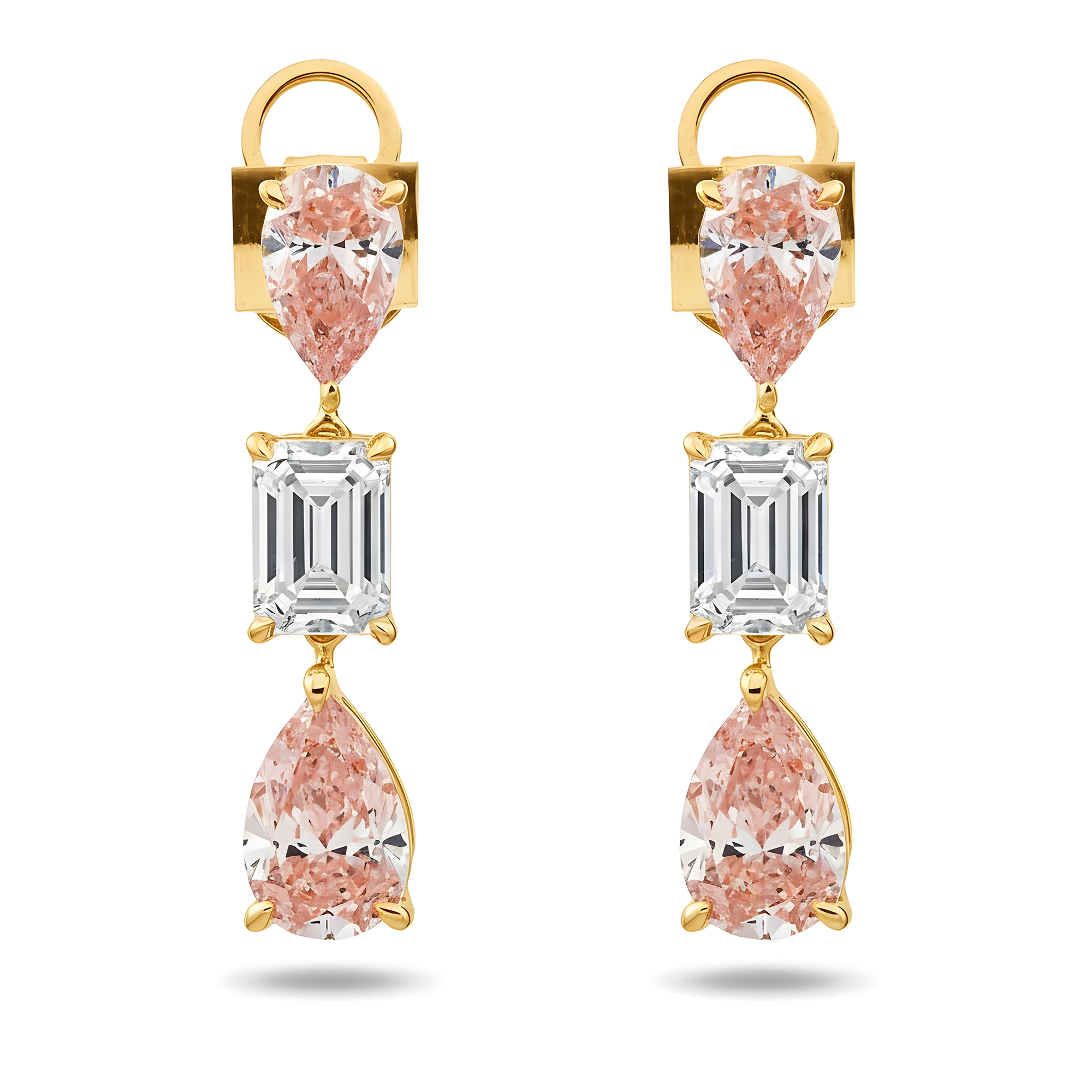 14K White Gold Three Tier Fancy Pink & White Diamond Drop Earrings 4.78ctw