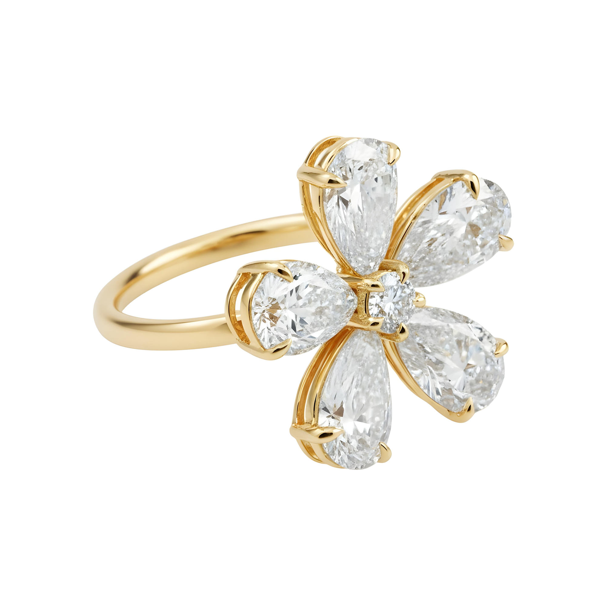 14K White Gold Pear Cut Diamond Flower Ring 5.33ct