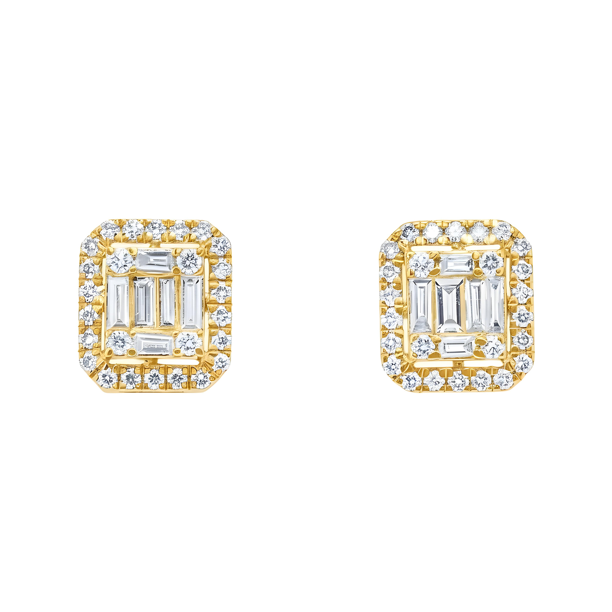 14K White Gold Baguette & Round Diamond Rectangle Studs Earrings 1.45ctw