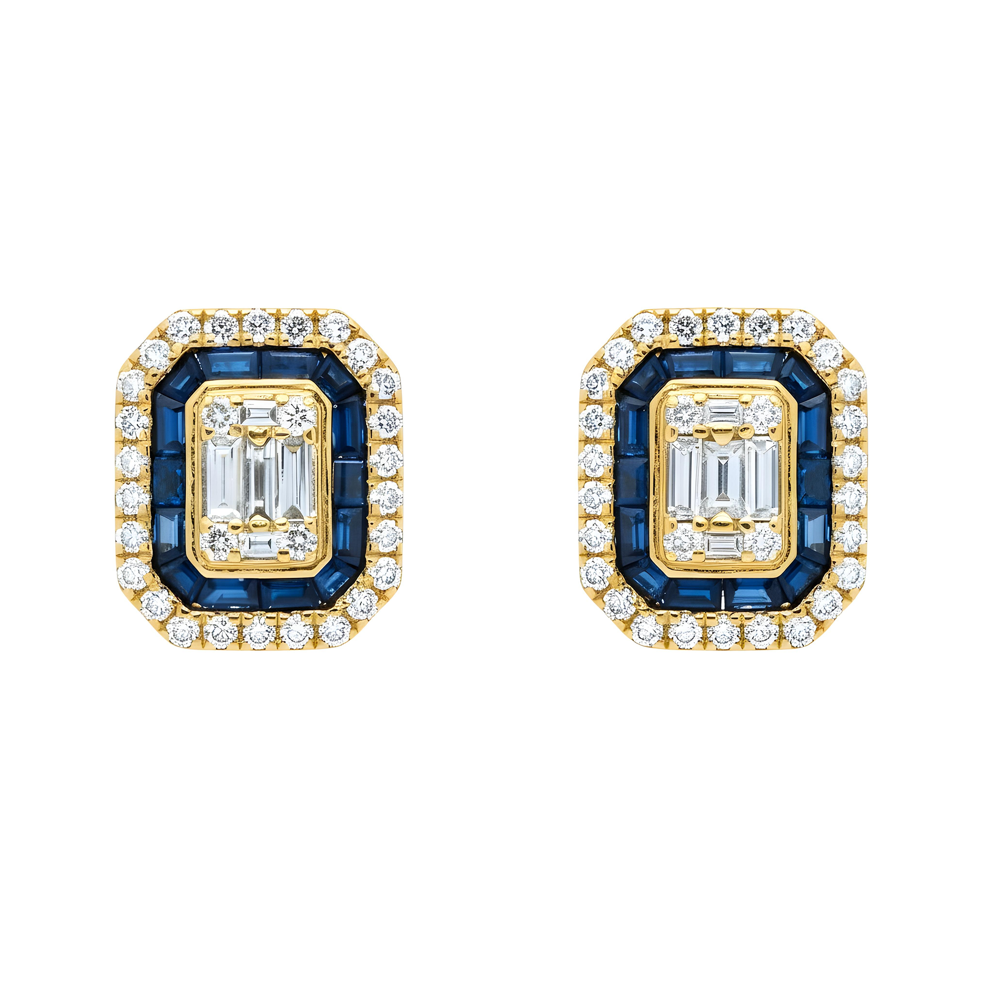 14K White Gold Sapphire & Diamond Square Stud Earrings