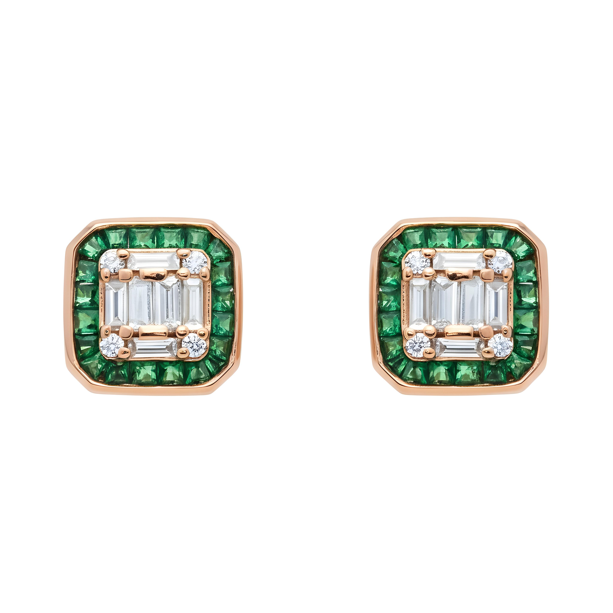 14K White Gold Emerald & Diamond Square Stud Earrings