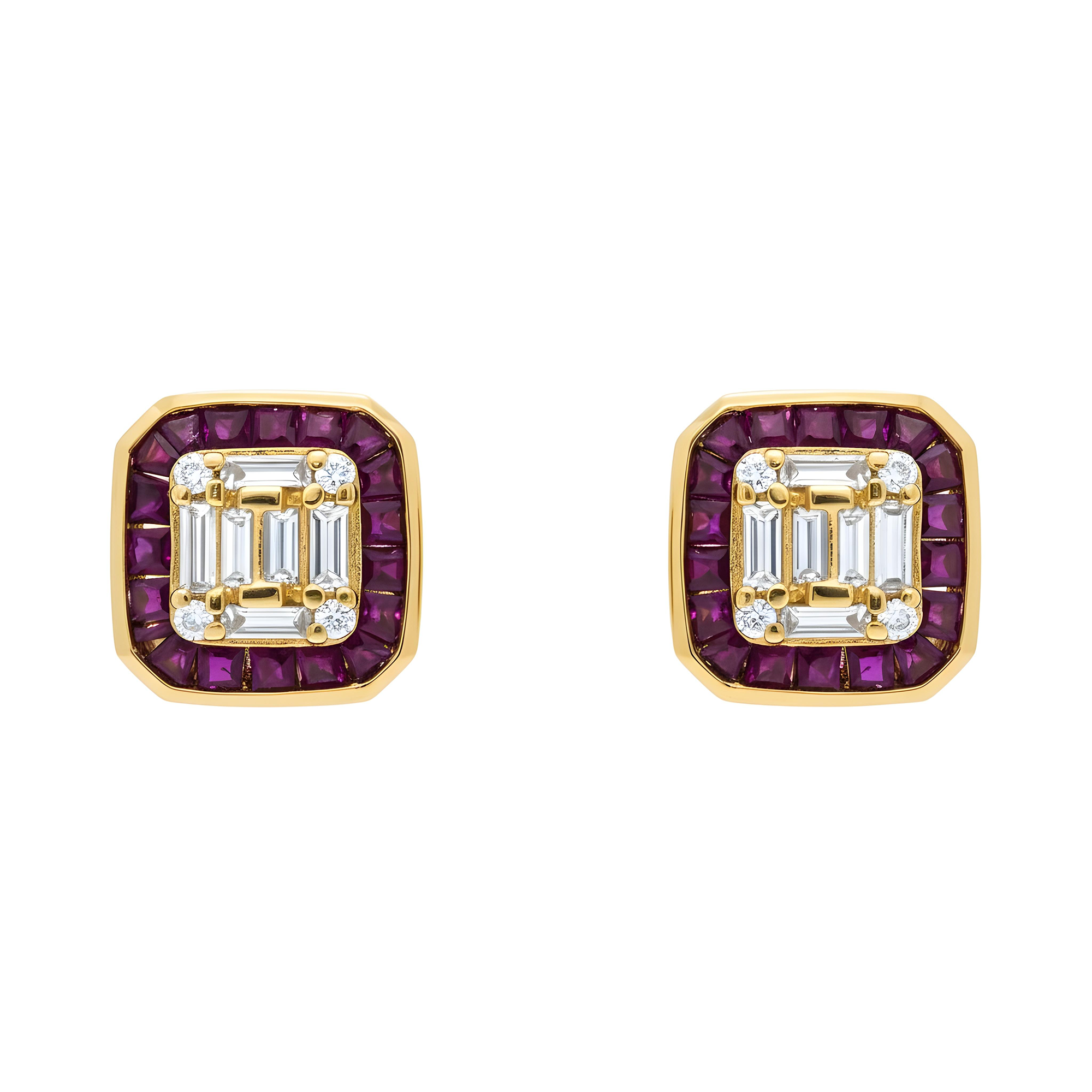 14K White Gold Ruby & Diamond Square Stud Earrings