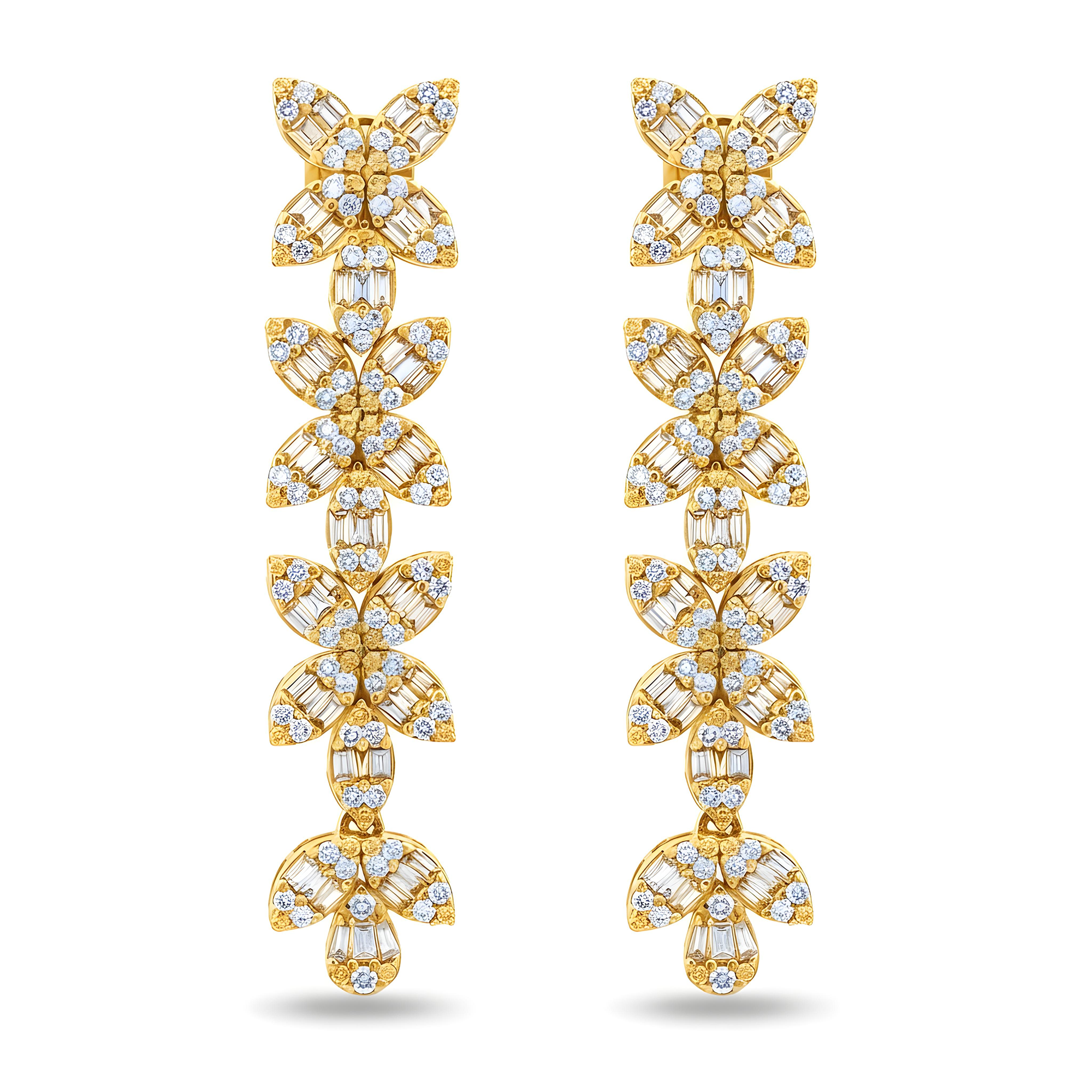 14K White Gold Baguette & Round Diamond Flower Drop Earrings 4.94ctw
