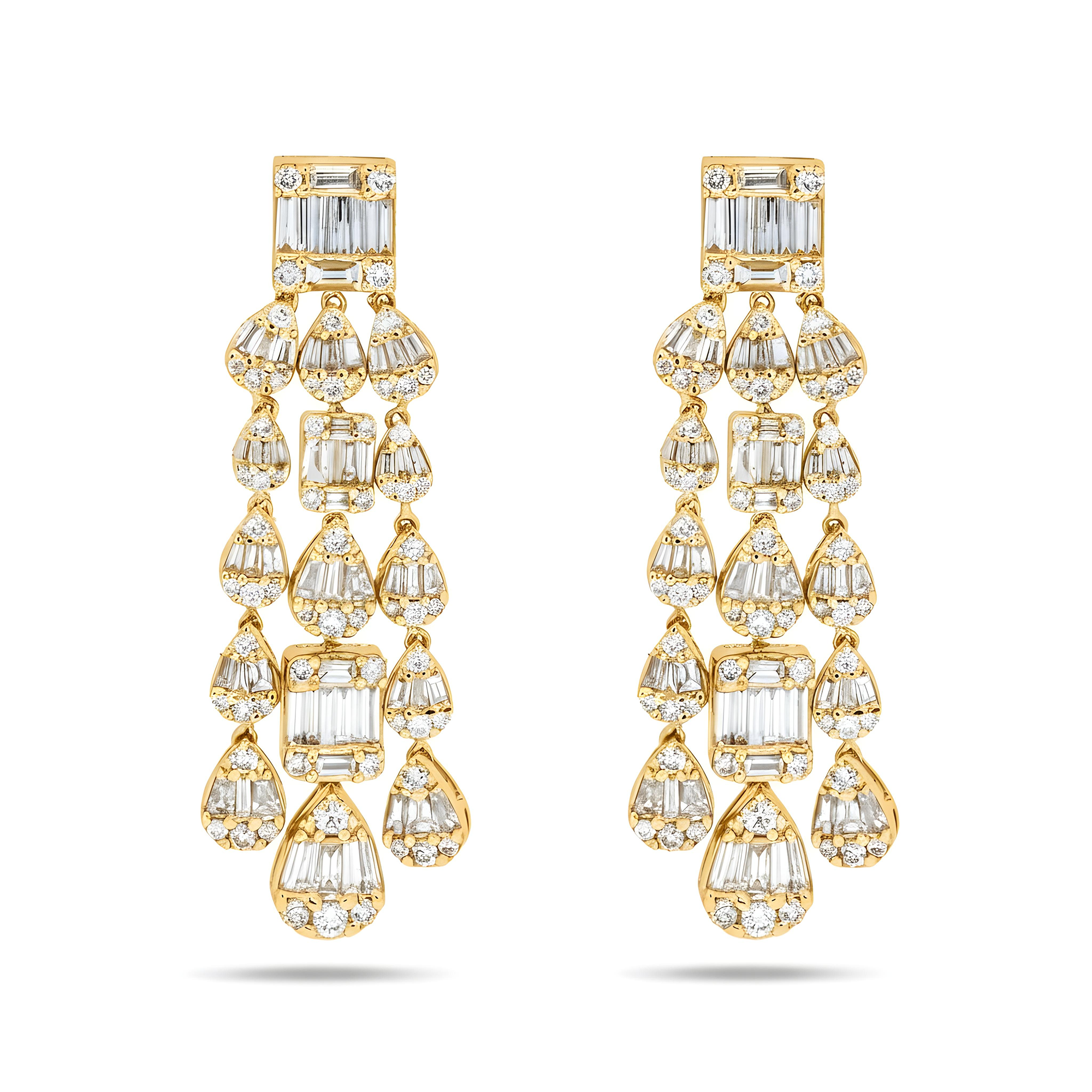 14K White Gold Triple Tier Baguette Diamond Drop Earrings 5.94ctw