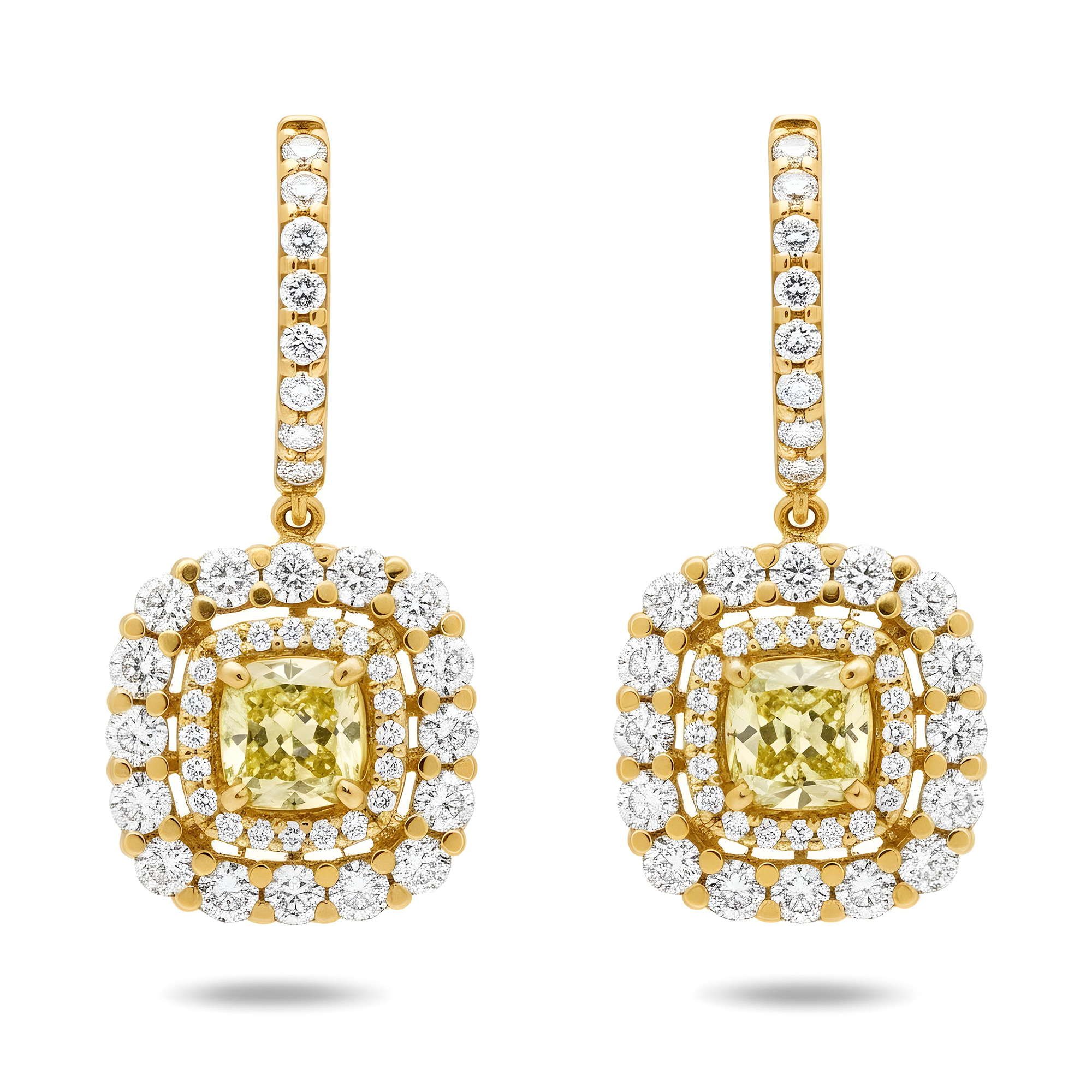 14K White Gold Cushion Cut Canary Yellow Diamond Drop Earrings 2.87ctw