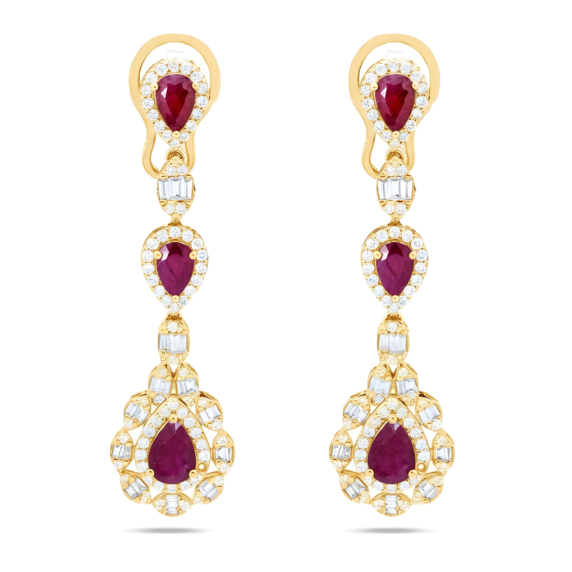 14K White Gold Ruby & Diamond Three Tier Drop Earrings