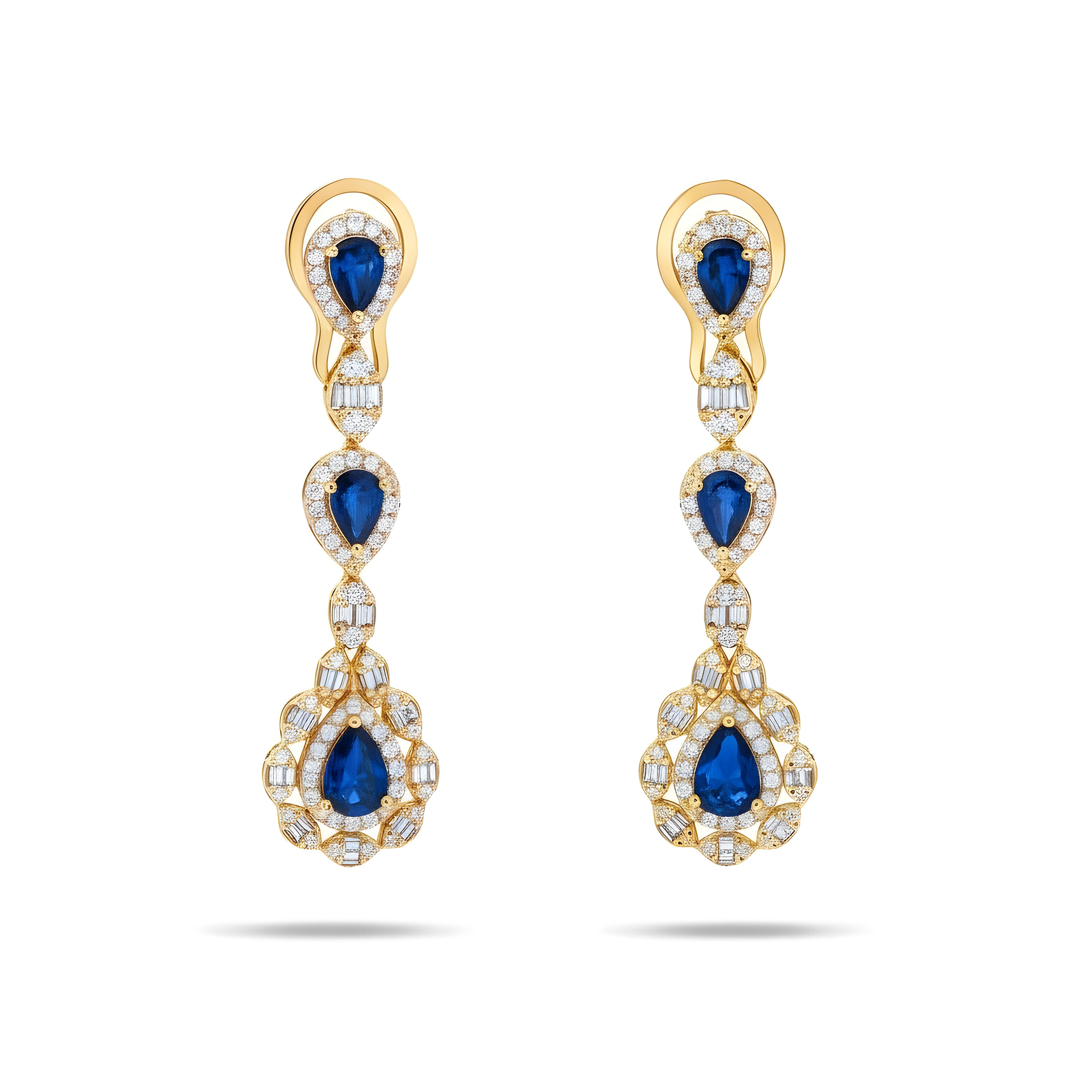 14K White Gold Pear Cut Sapphire & Diamond Drop Earrings