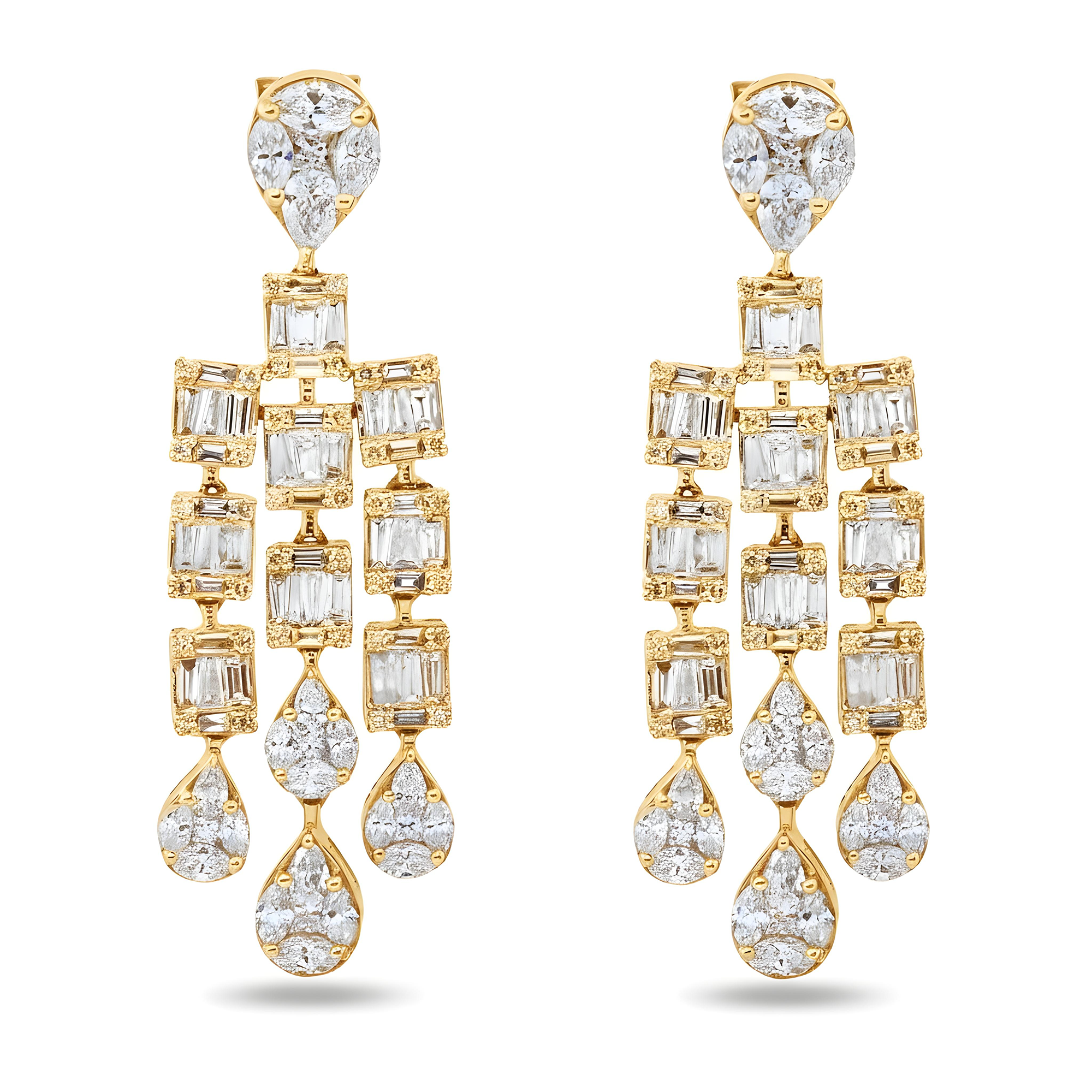 14K White Gold Triple Tier Baguette Diamond Drop Earrings 4.37ctw
