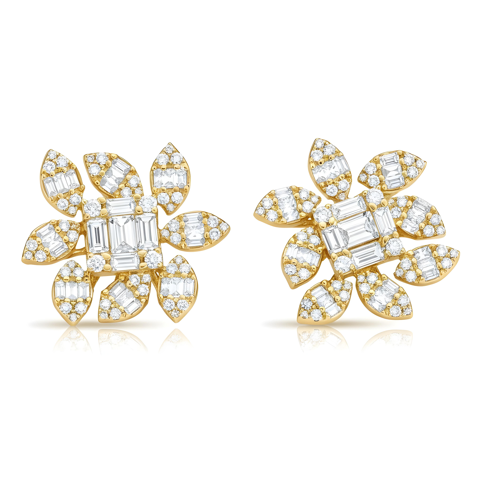14K White Gold Baguette Diamond Flower Stud Earrings 3.35ctw