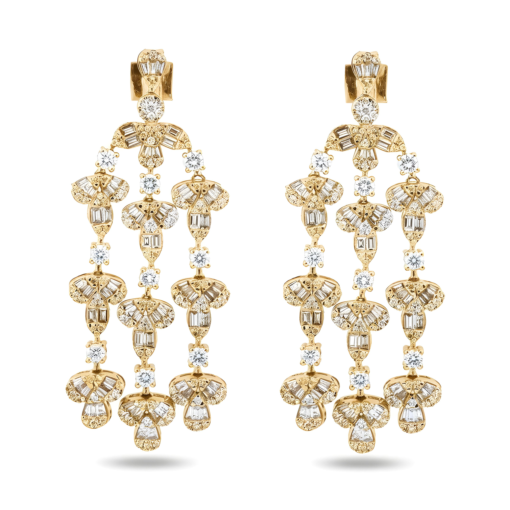 14K White Gold Triple Tier Baguette & Round Diamond Drop Earrings 3.88ctw