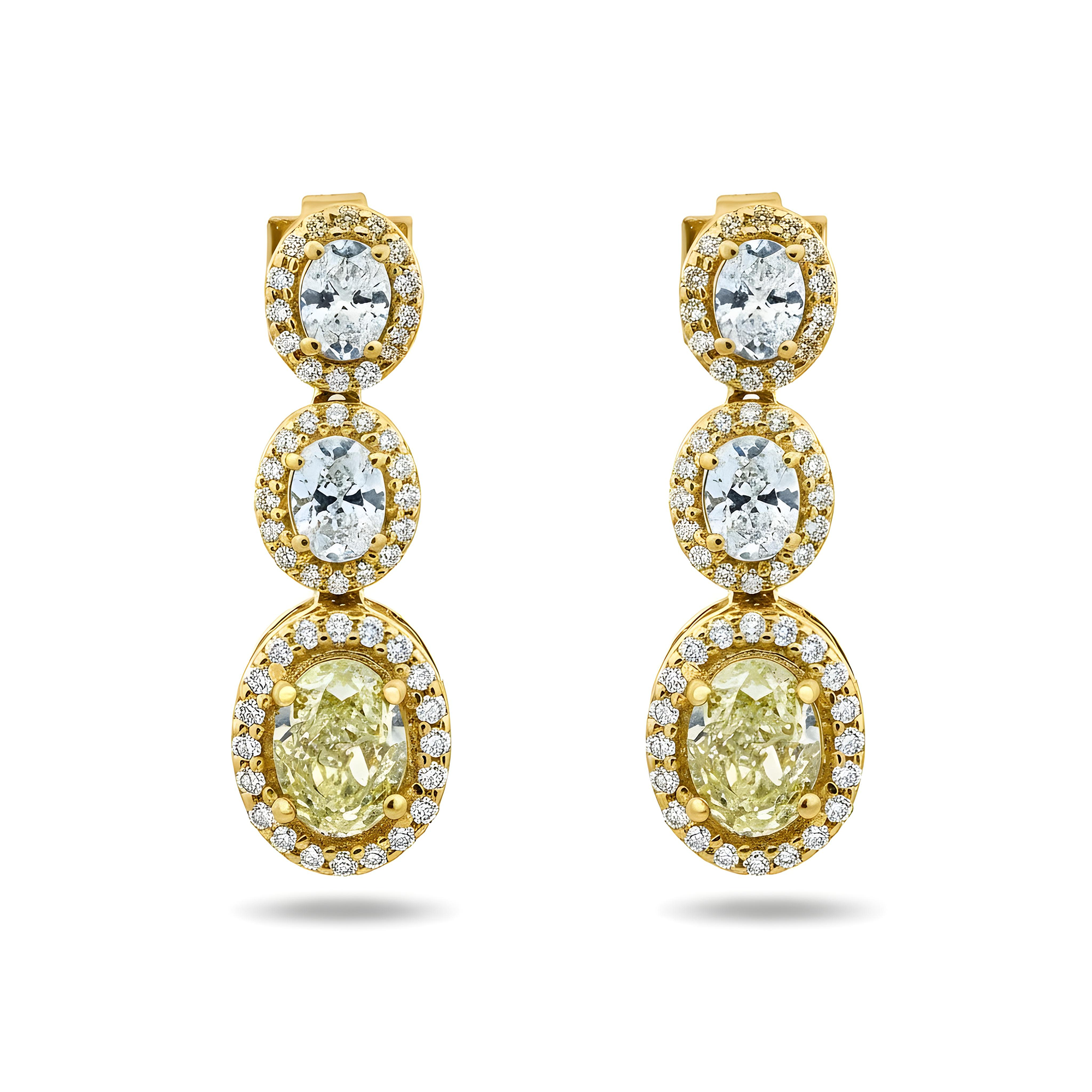 14K White Gold Fancy Yellow & White Oval Cut Diamond Drop Earrings 3.05ctw