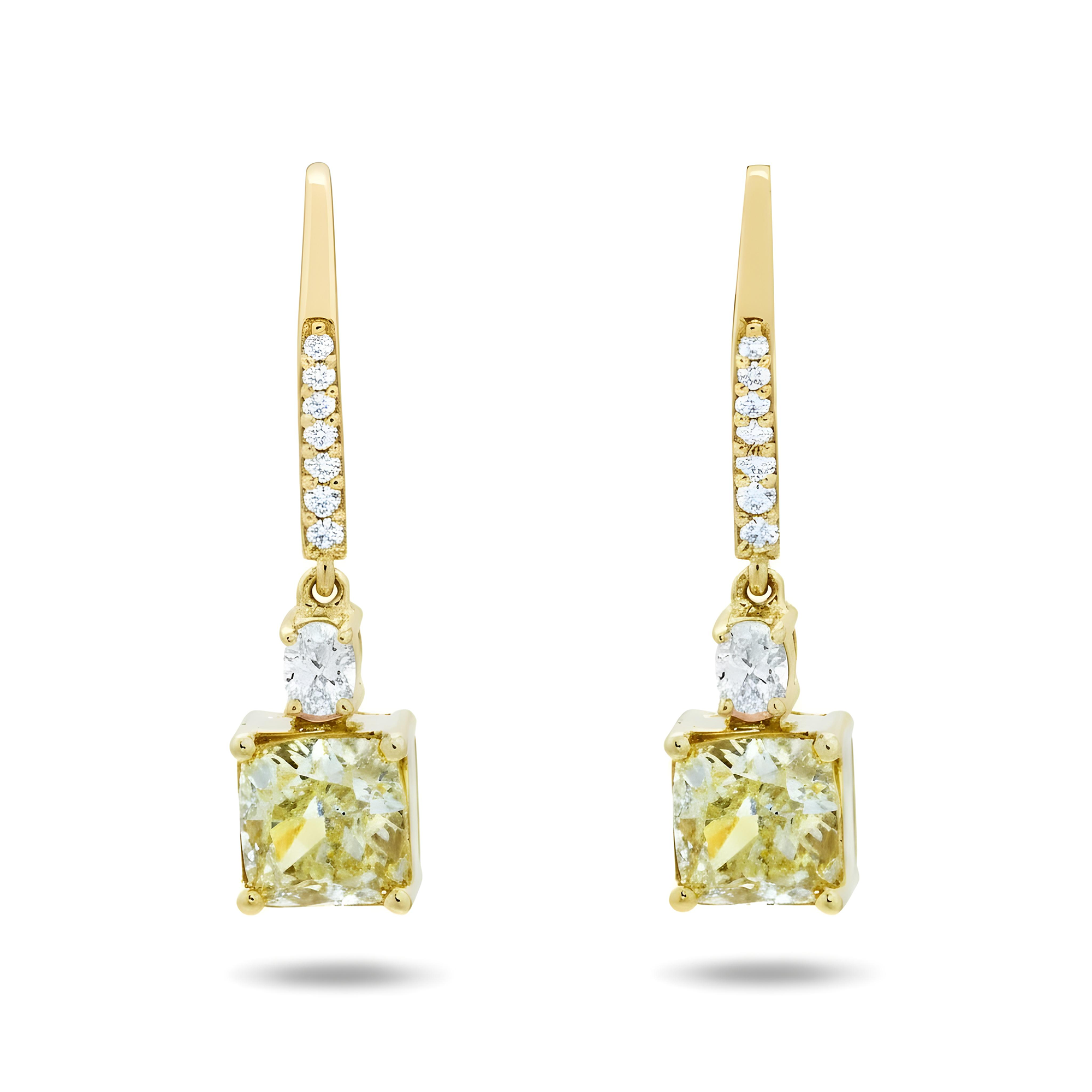 14K Two Tone Cushion Fancy Light Yellow Diamond Drop Earrings 2.54ctw