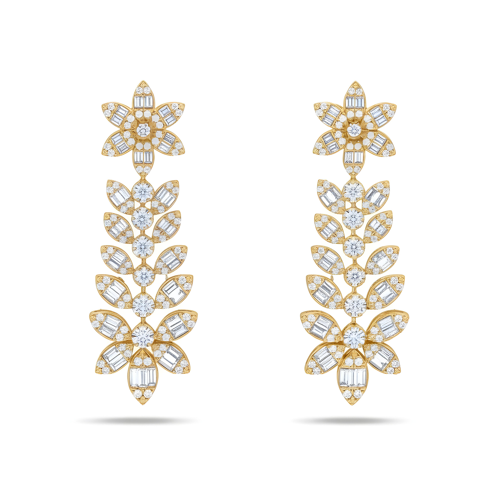 14KWhite Gold Baguette & Round Diamond Flower Drop Earrings 5.15ctw