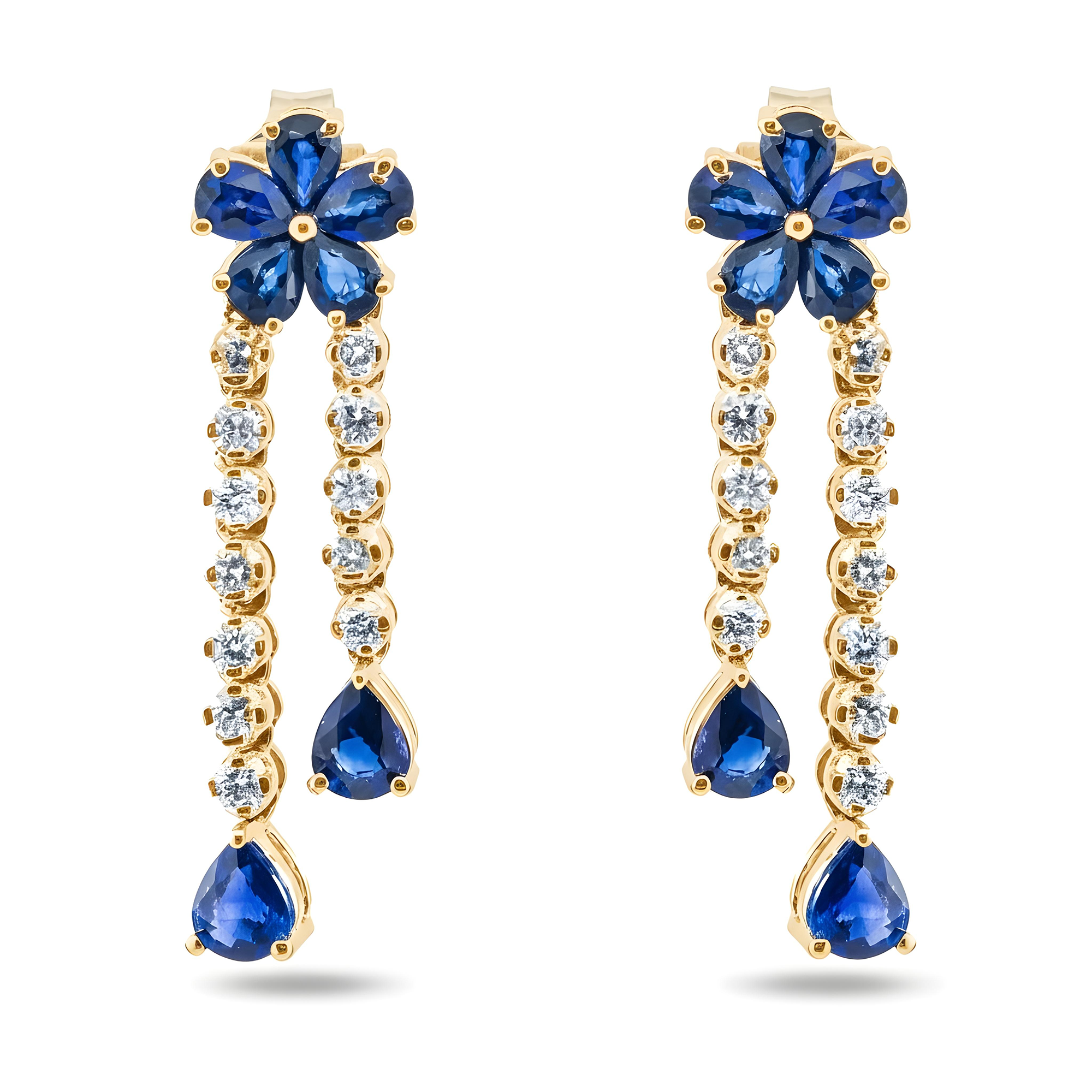 14K White Gold Sapphire & Diamond Flower Drop Earrings 4.40ctw
