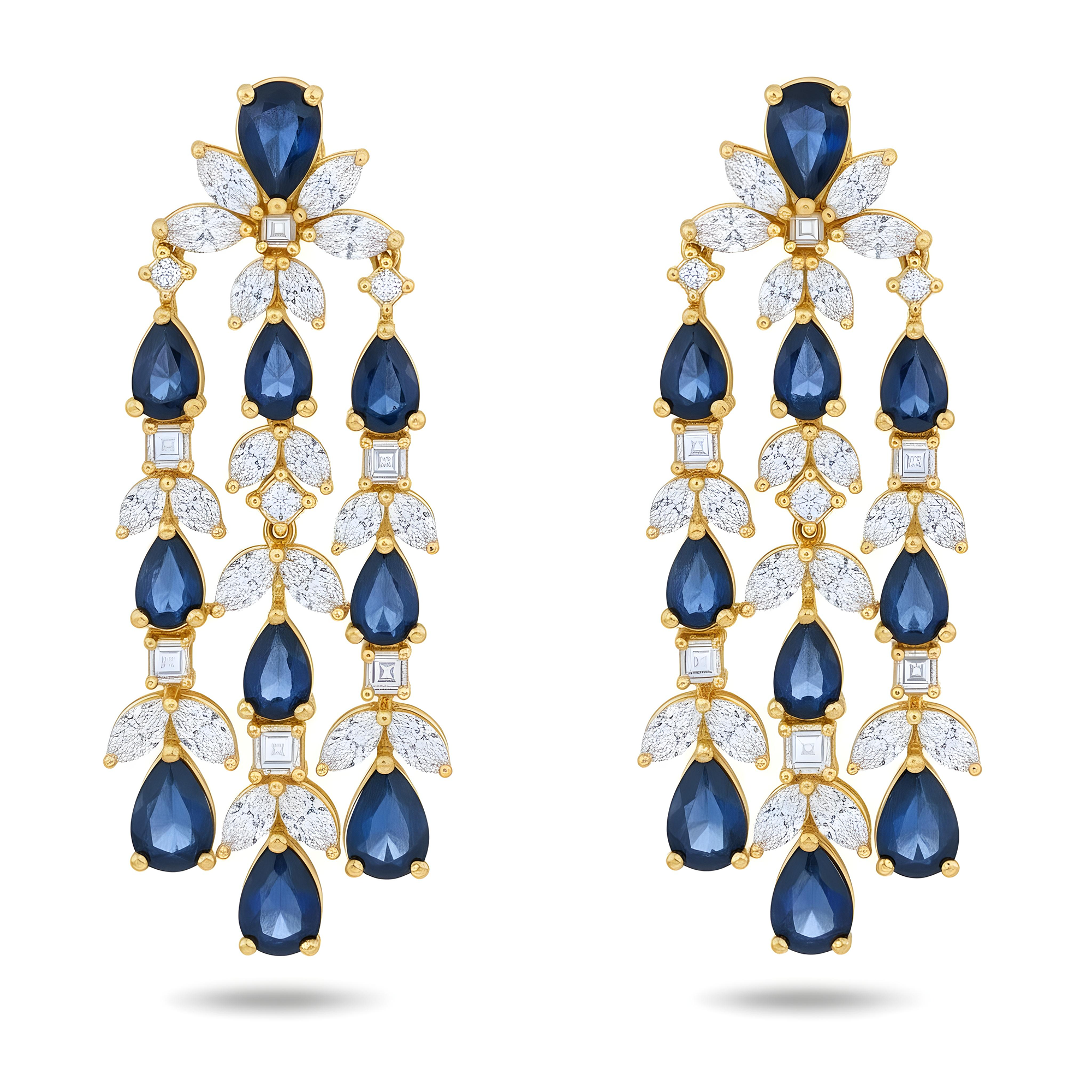 14K White Gold Three Tier Sapphire & Diamond Drop Earrings