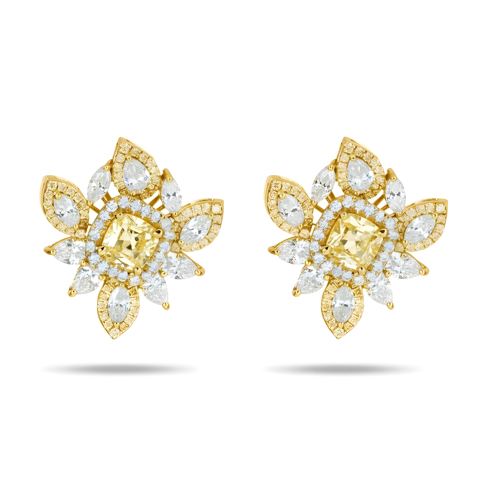 14K White Gold Canary Yellow Diamond Cluster Stud Earrings 5.16ctw