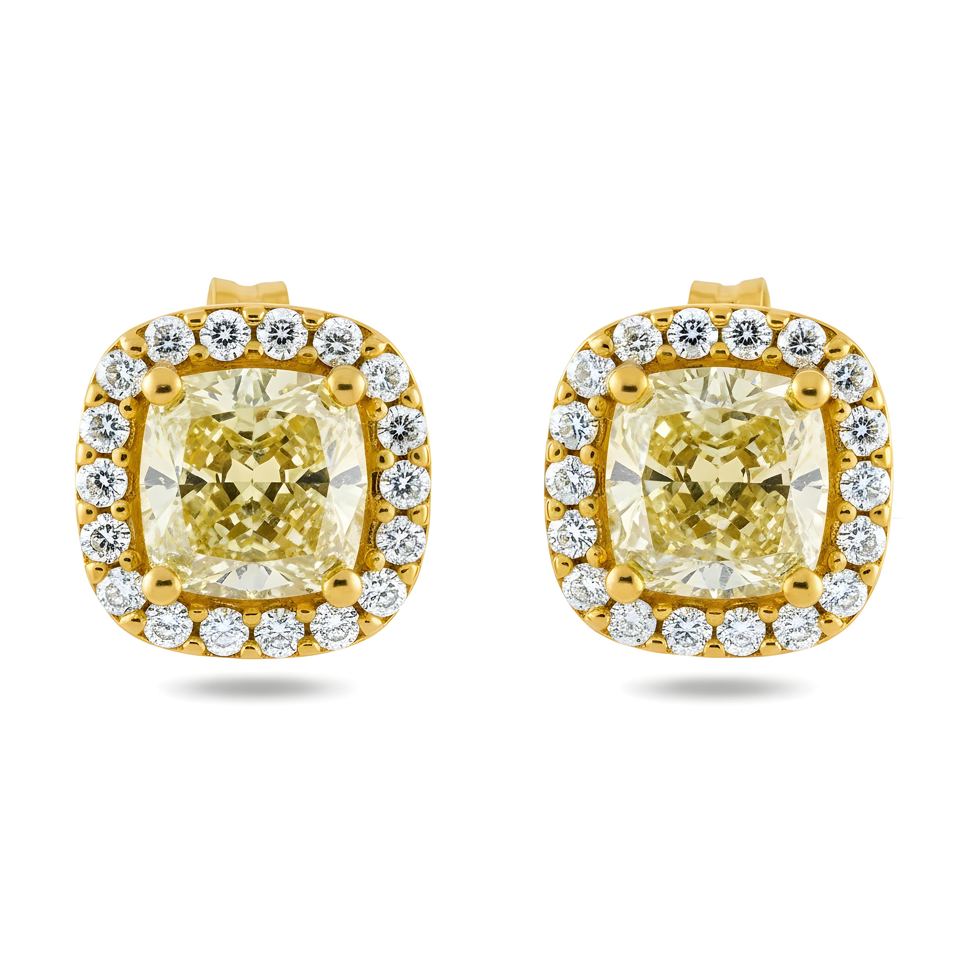 14K Two Tone Cushion Cut Fancy Yellow Diamond Stud Earrings 3.68ctw