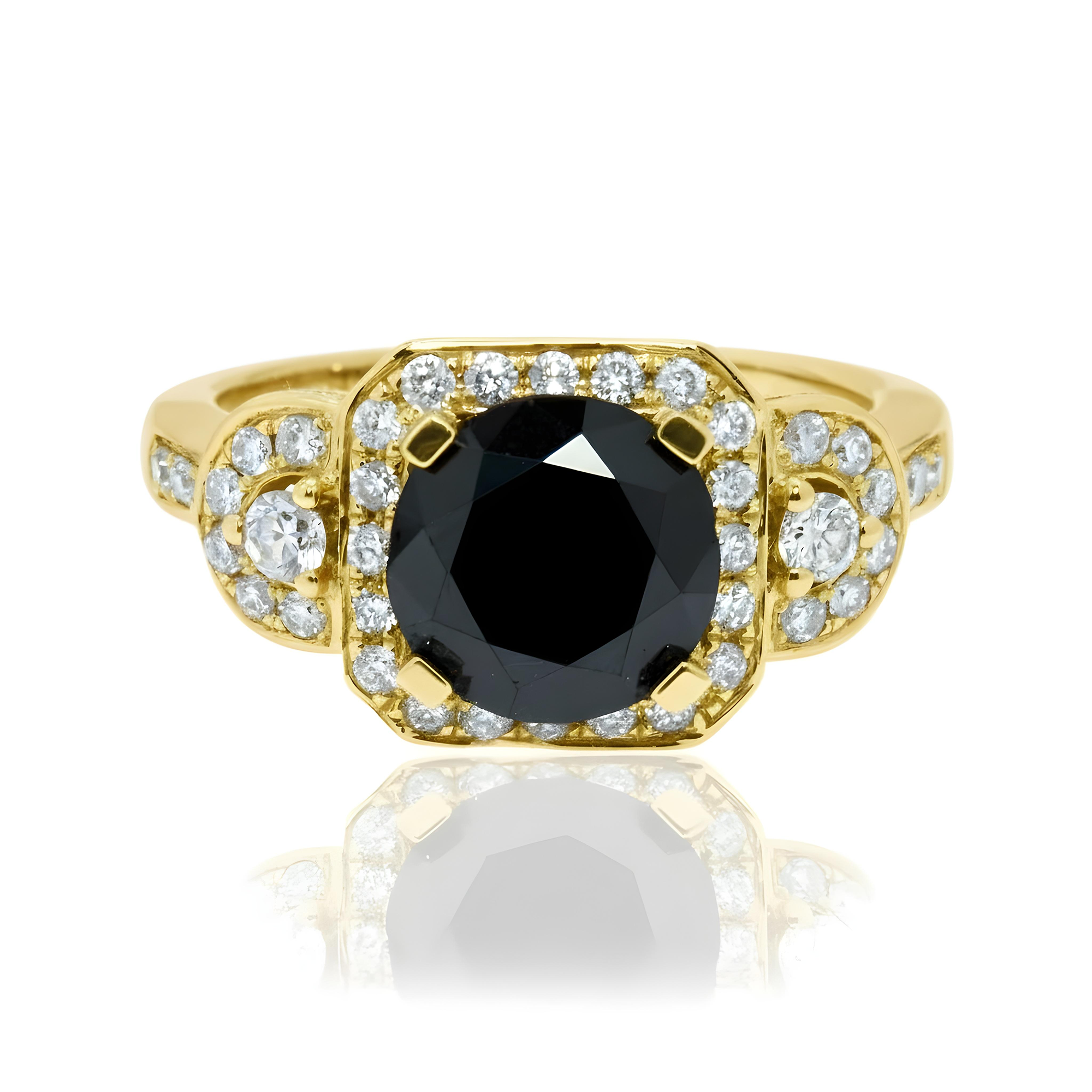 14K White Gold 2.82ct Round Cut Black Diamond Ring 3.74ctw