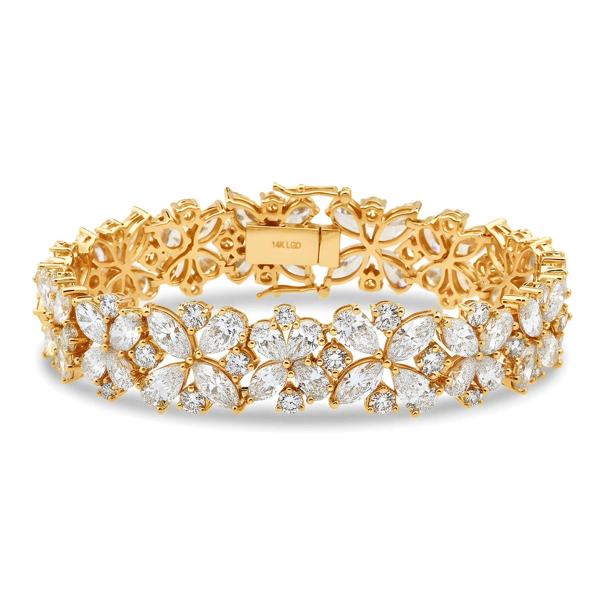 14K White Gold String of Flowers Multi Cut Diamond Bracelet 33.72ct