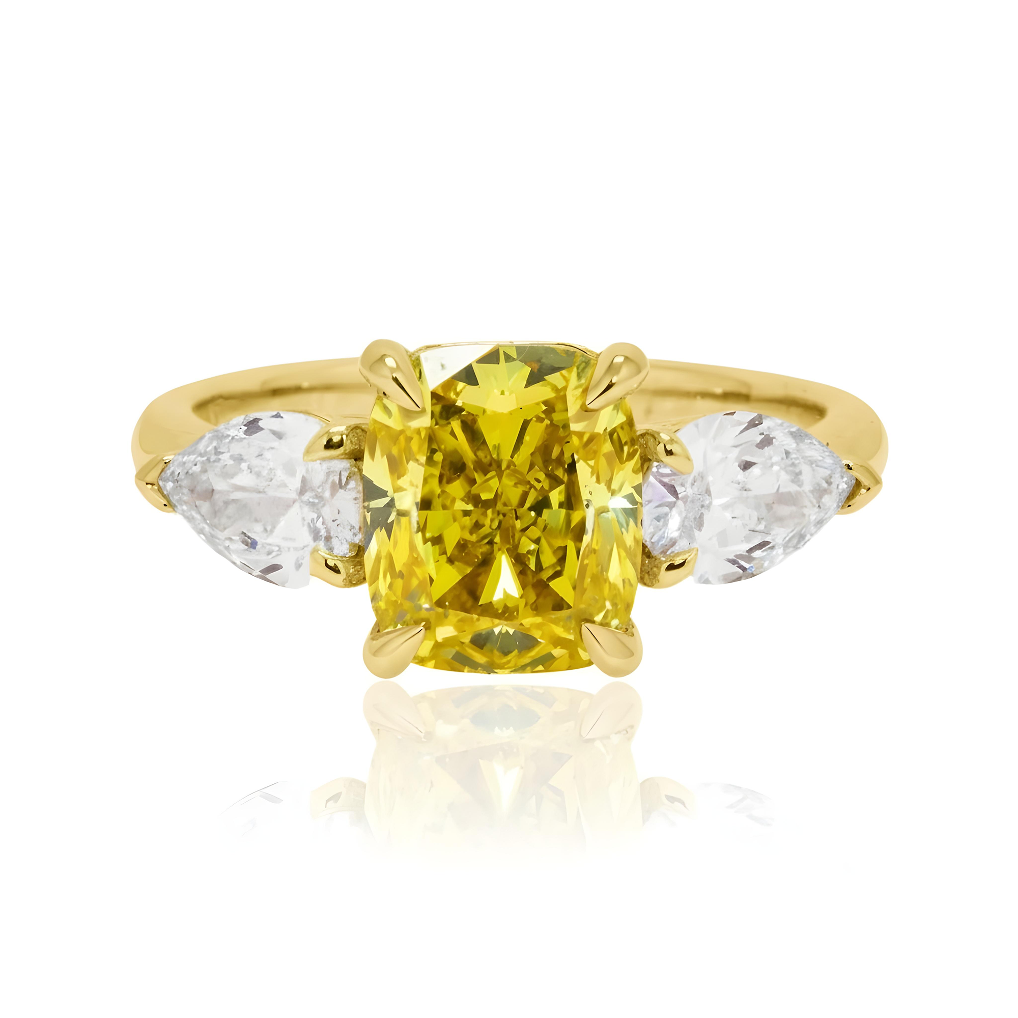 GIA Platinum 2.74ct Fancy Vivid Yellow Cushion Triple Diamond Ring 3.74ctw