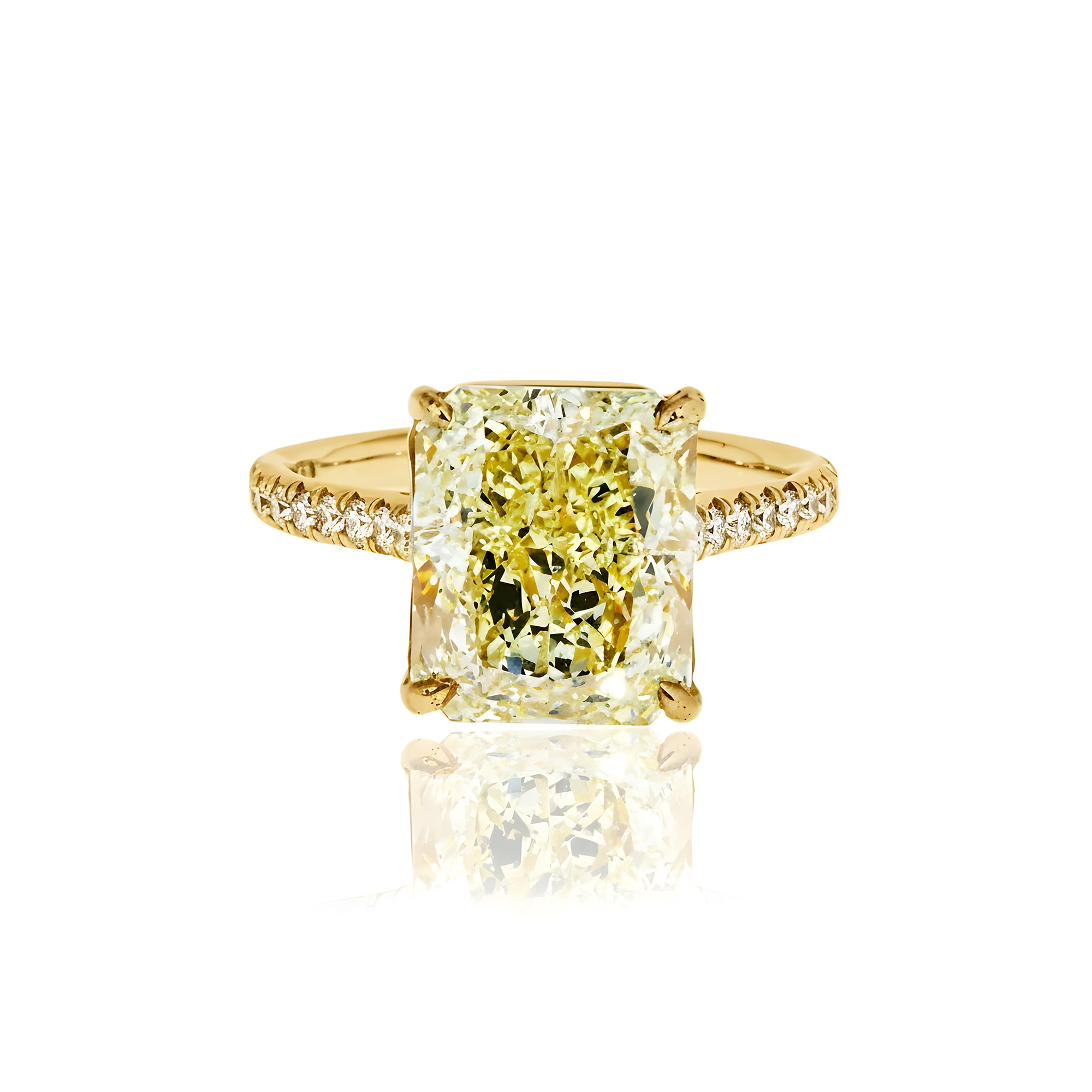GIA Platinum 6.42ct Radiant Cut Fancy Yellow Diamond Ring 6.82ctw