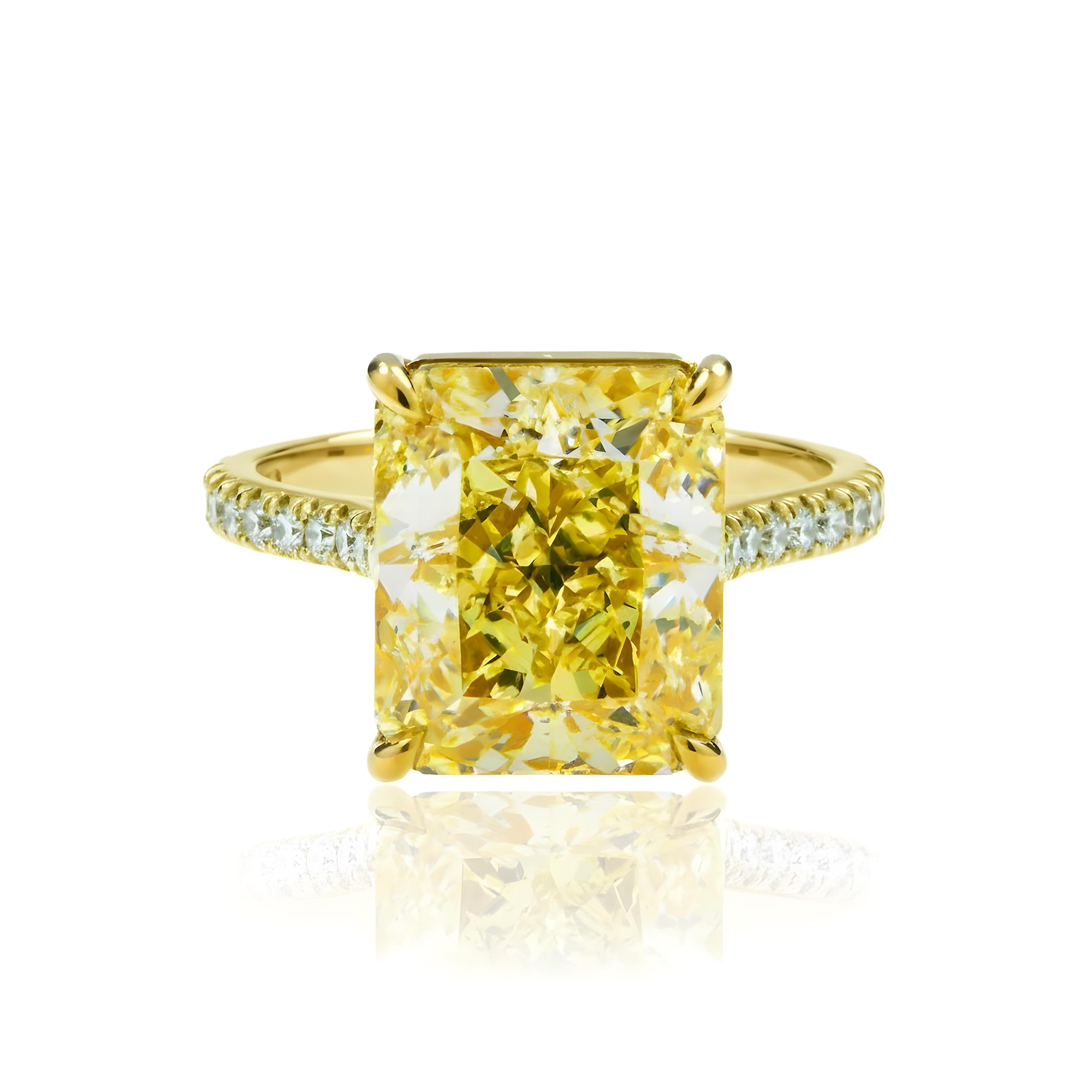 GIA Platinum 8.01ct Radiant Cut Fancy Yellow Diamond Ring 8.46ctw
