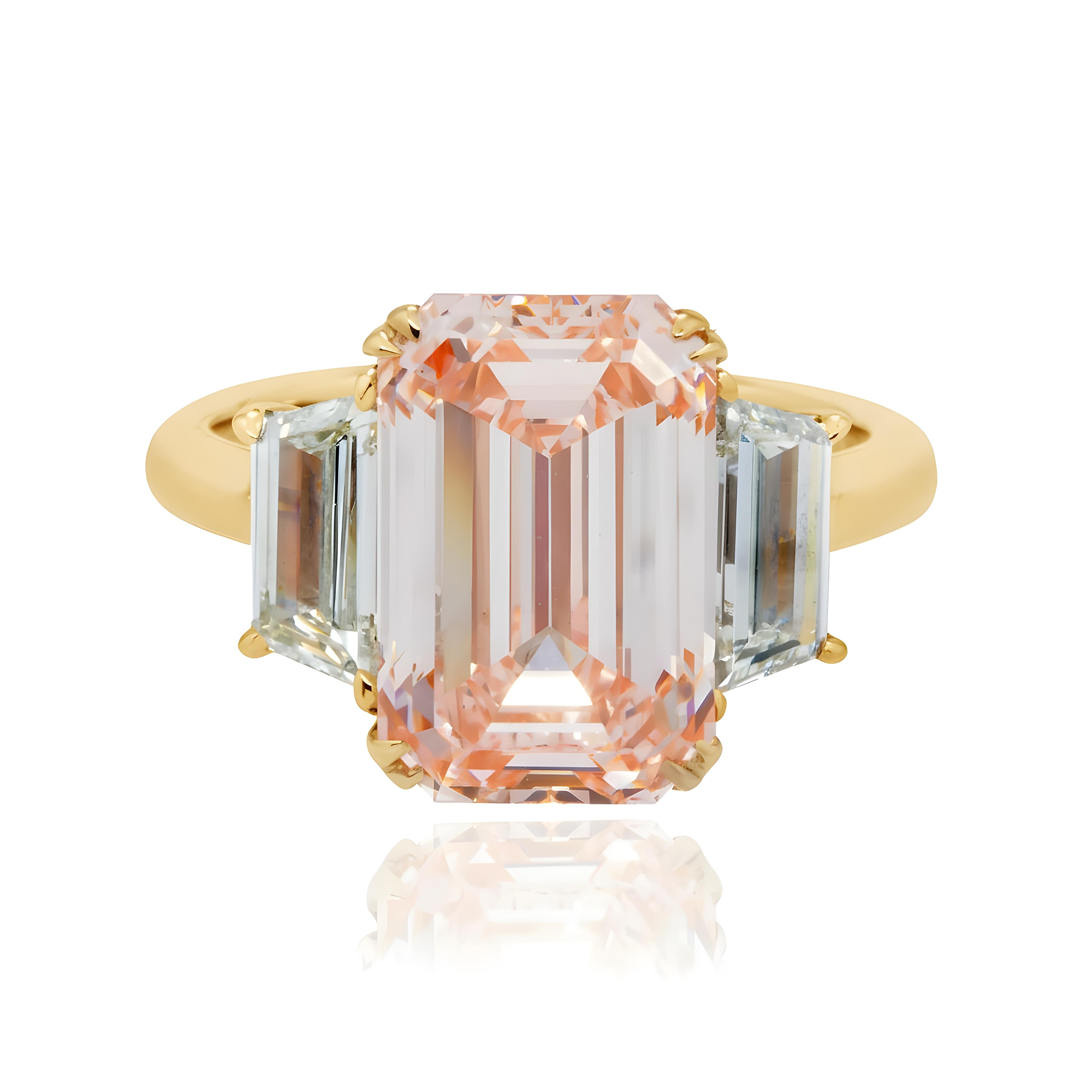 GIA Platinum 5.76ct Emerald Cut Fancy Pink Triple Diamond Ring 6.93ctw