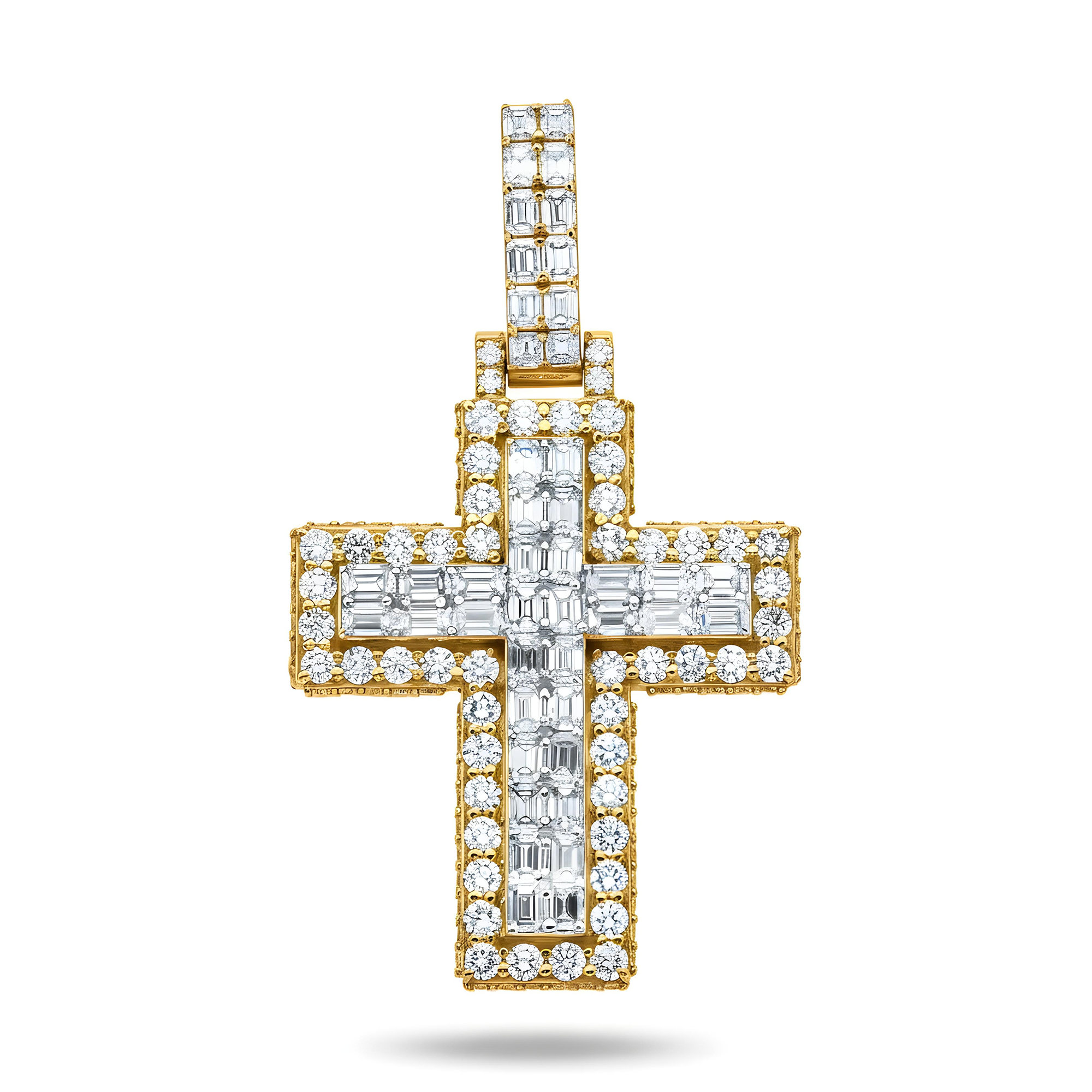 14K Two Tone Round Diamond Bilevel Cross Pendant 6.90ct
