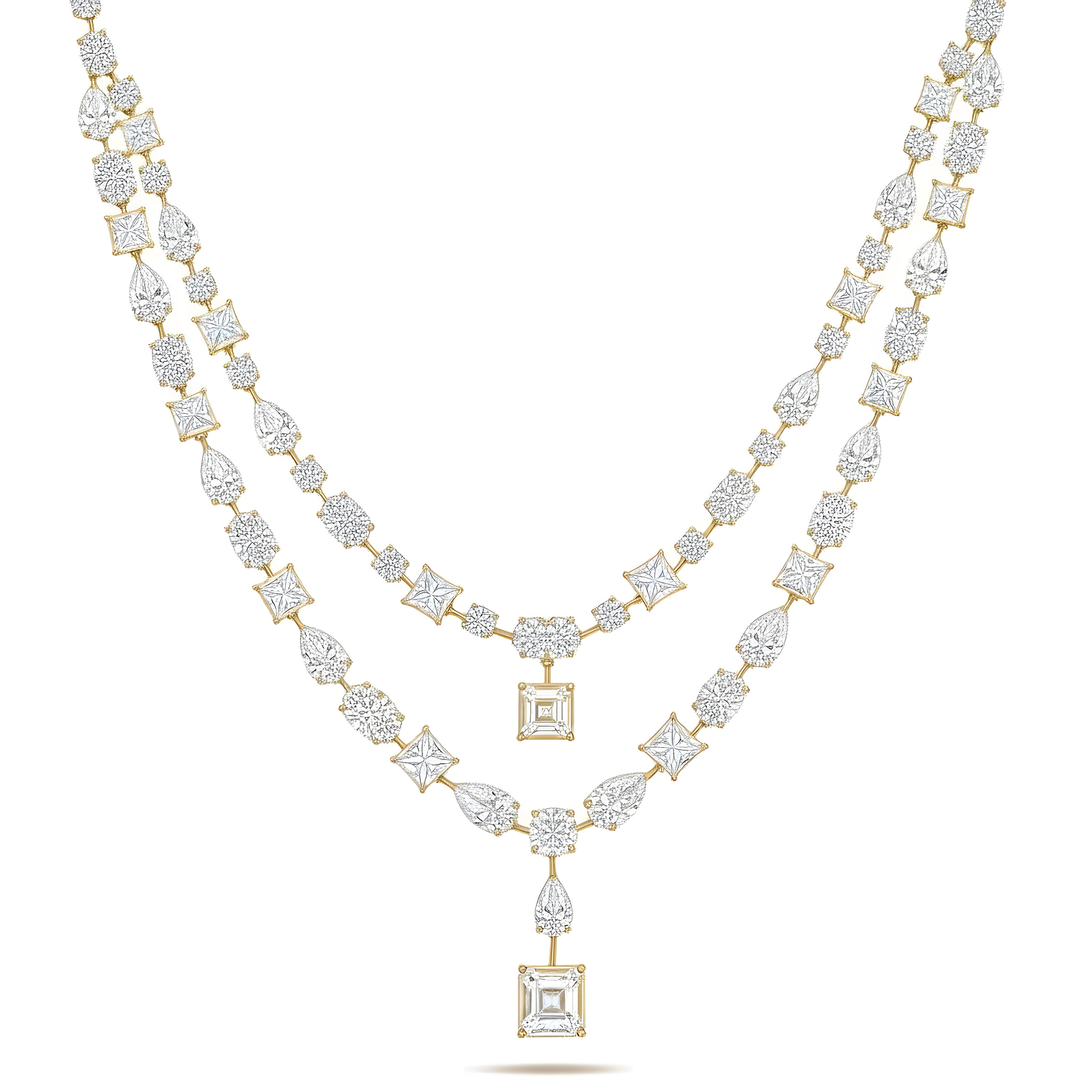 18K White Gold Multi Cut Diamond Double Row Drop Necklace 72.74ct
