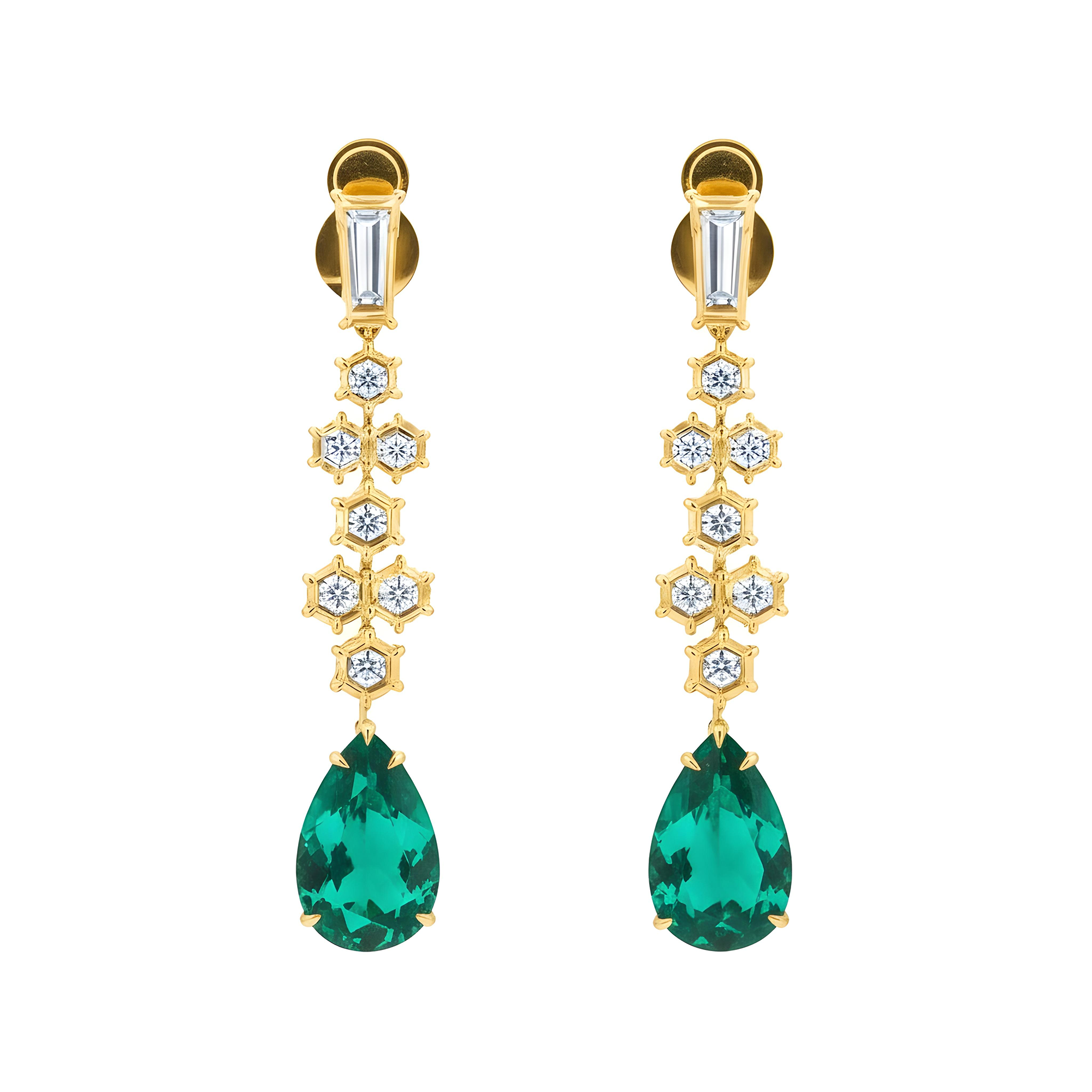 18K White Gold Hexagon Cut Diamond & Pear Cut Emerald Drop Earrings
