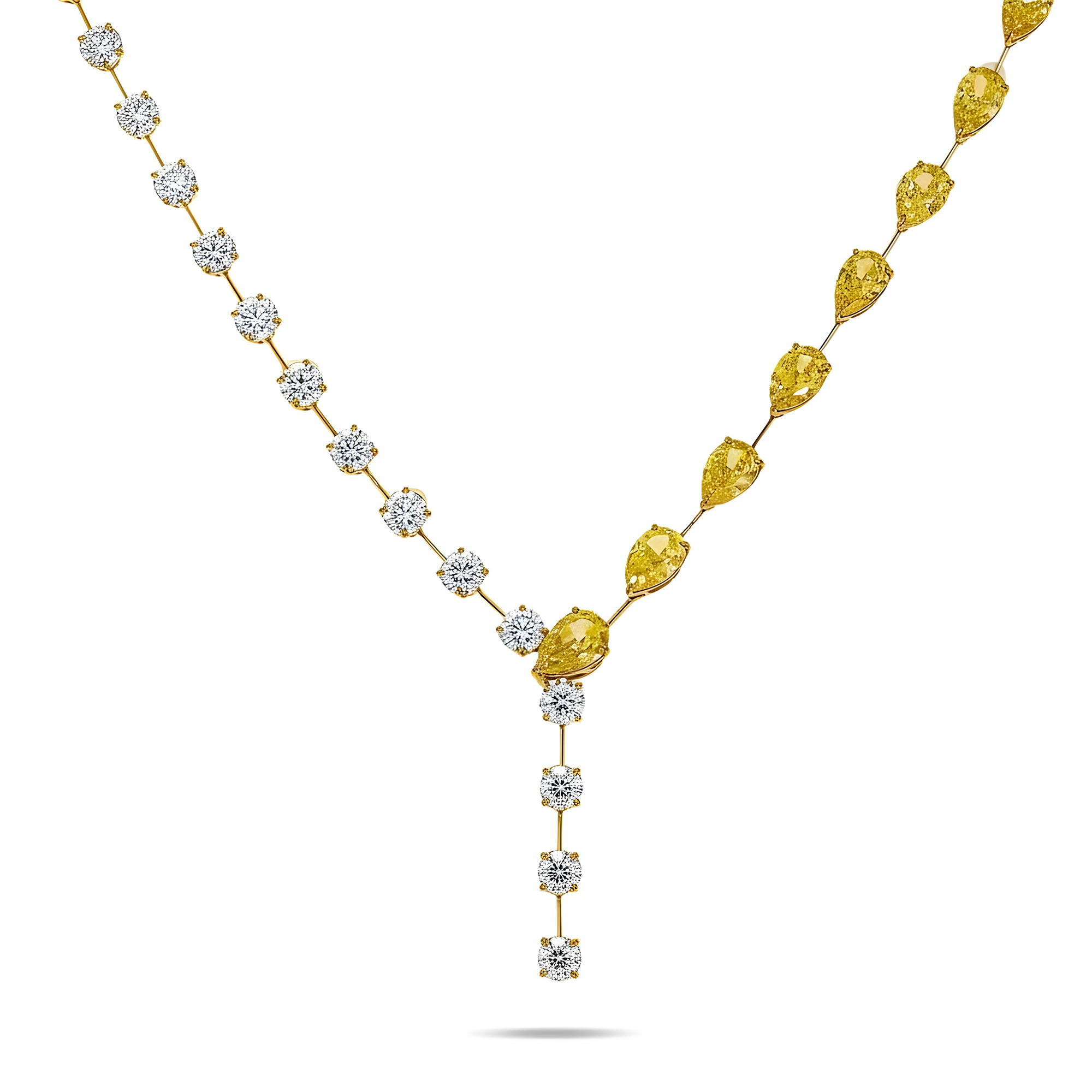 18K Two Tone Fancy Yellow Pear Cut & Round Diamond Adjustable Drop Necklace