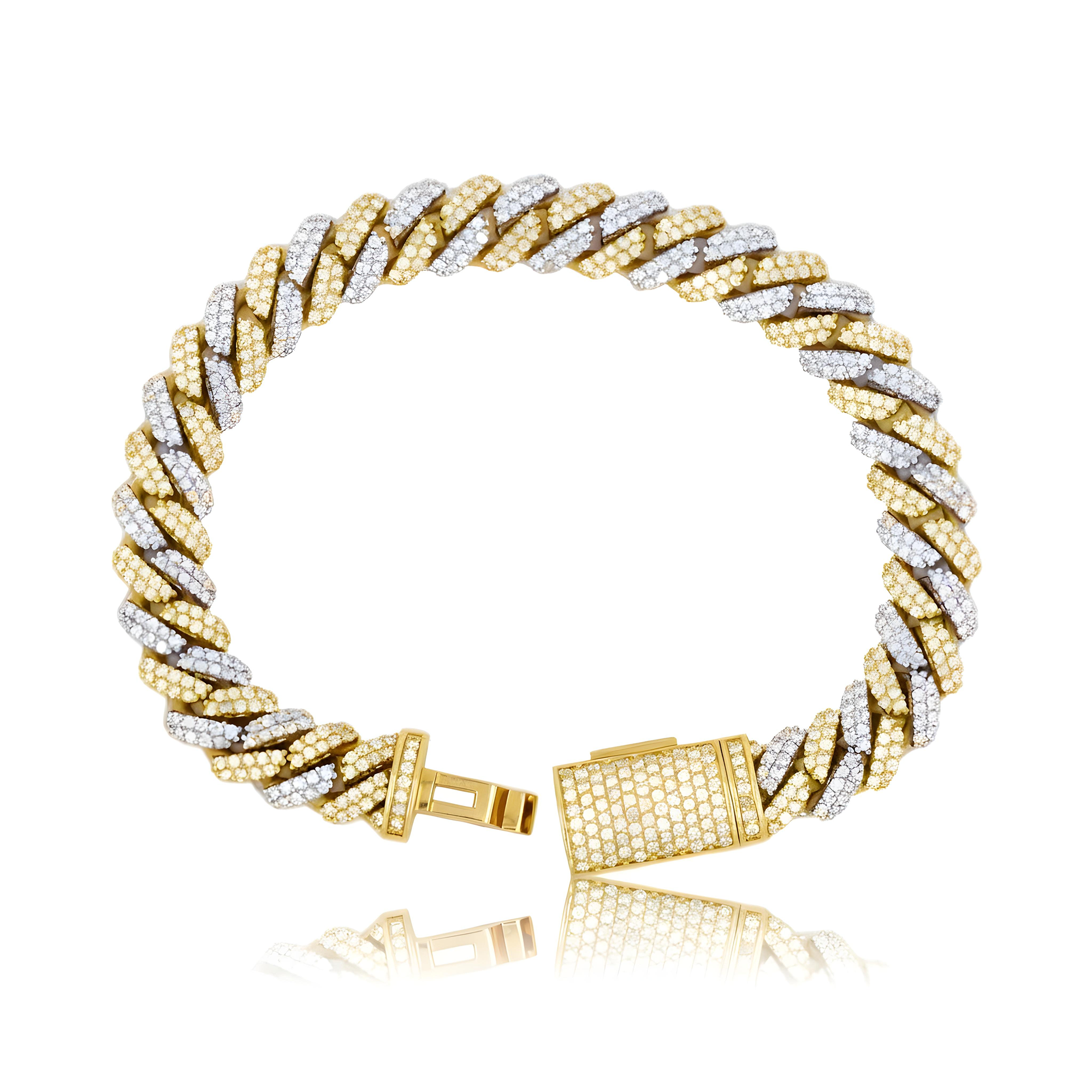 14K Two Tone 10mm Round Diamond Cuban Link Bracelet 7.0ct