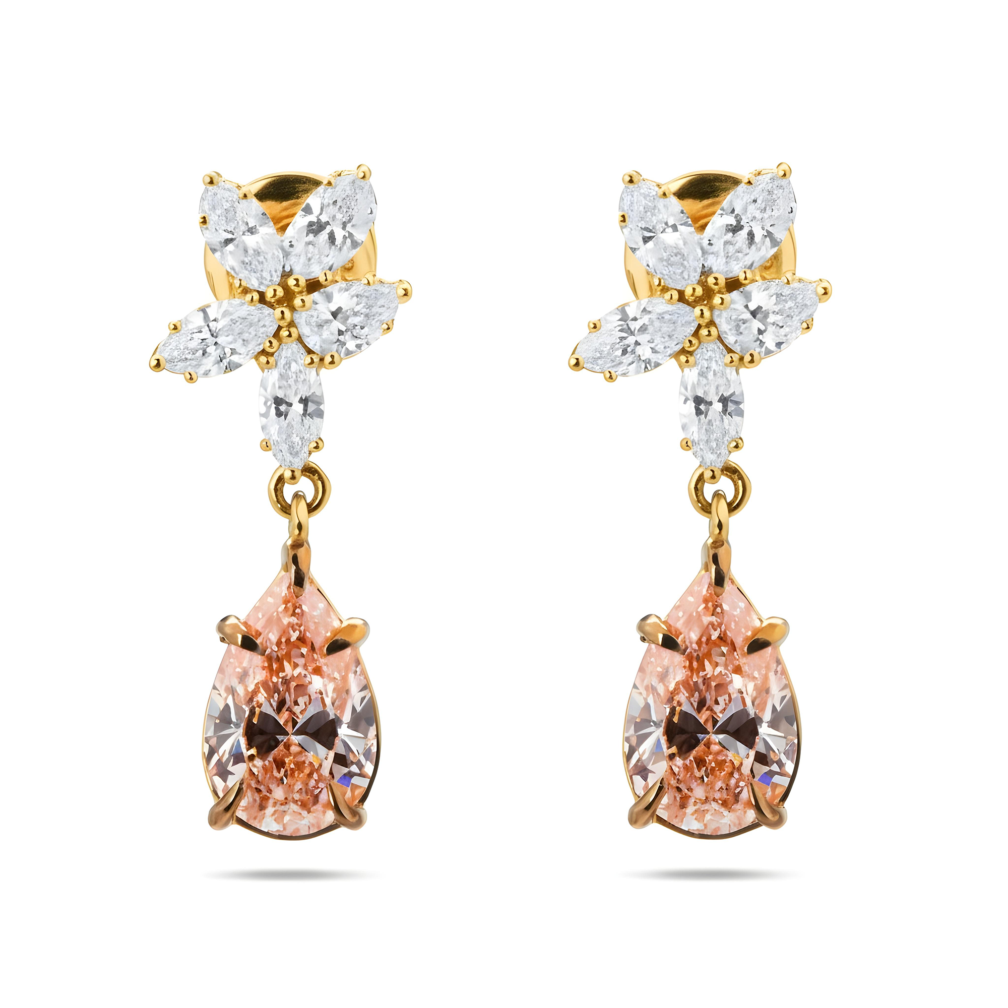 18K White Gold Pear Cut Pink Vivid Diamond Mini Flower Drop Earrings 4.17ctw