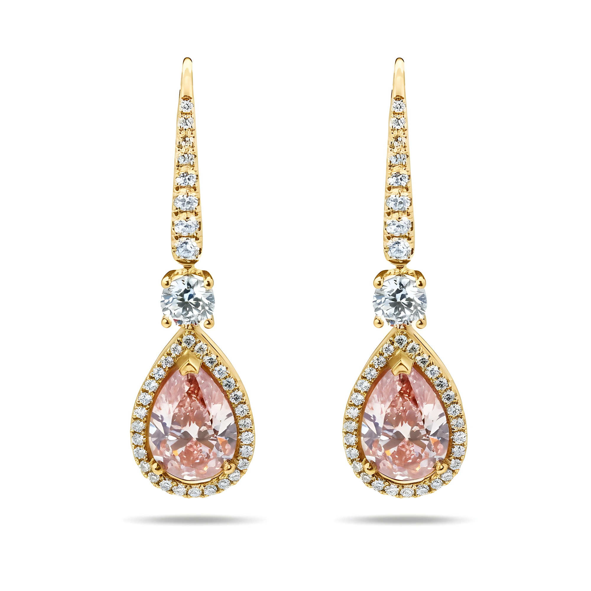 18K Two Tone Pear Cut Pink Vivid Diamond Drop Earrings 5.47ctw
