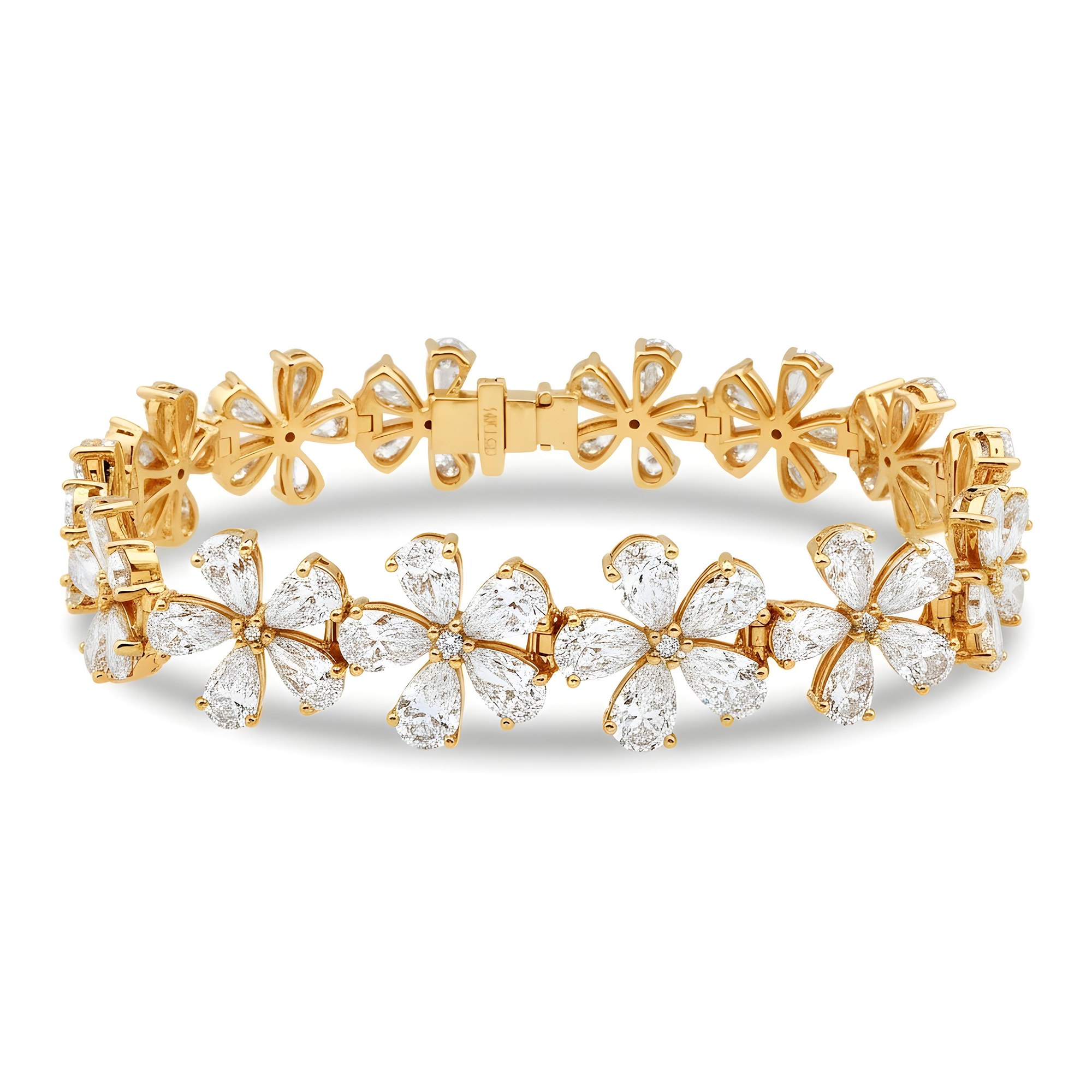 14K White Gold Pear Cut Diamond Full Bloom Flower Bracelet 26.50ct